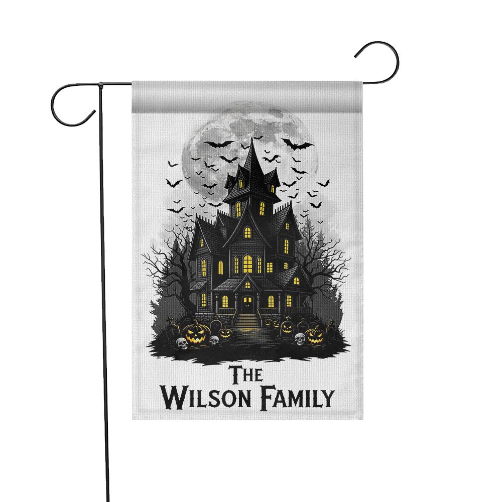 Personalized Haunted House Garden Flag, Custom Family Halloween Decor, Spooky Yard Banner, Moon & Bats