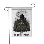 Personalized Haunted House Garden Flag, Custom Family Halloween Decor, Spooky Yard Banner, Moon & Bats
