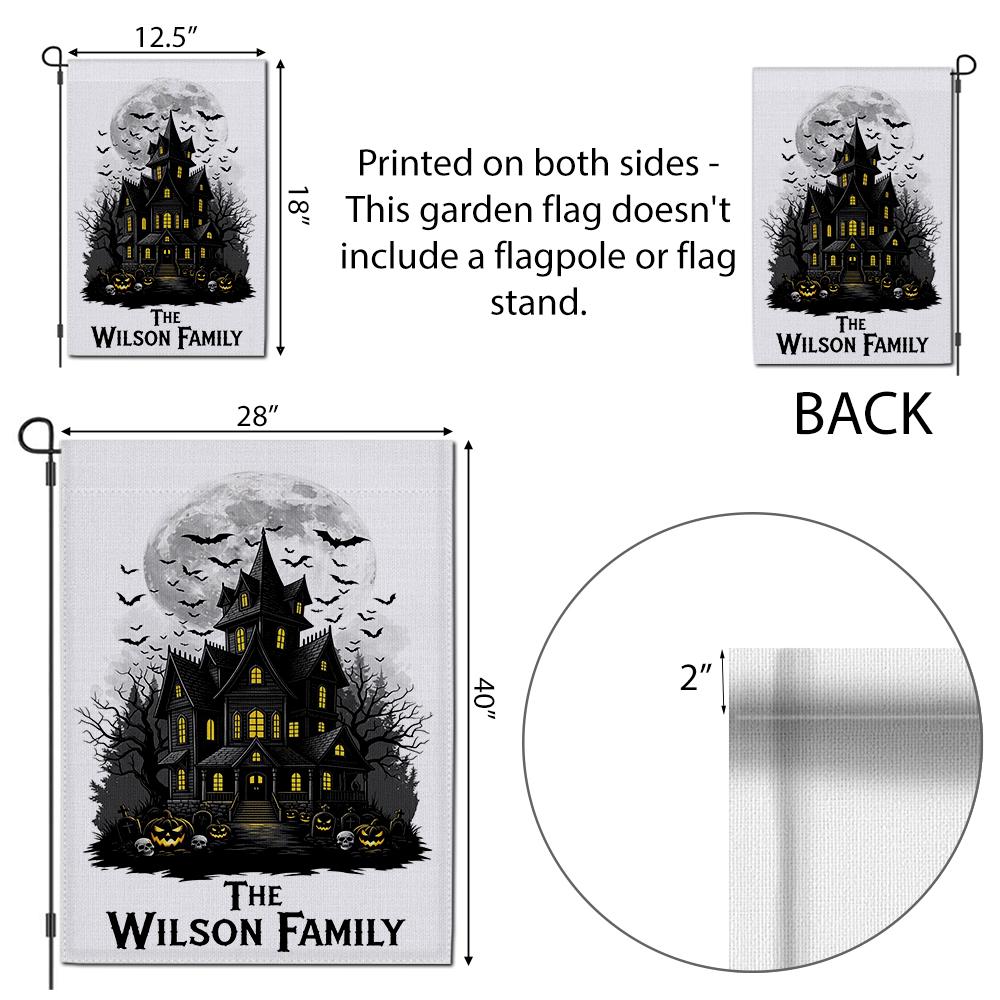 Personalized Haunted House Garden Flag, Custom Family Halloween Decor, Spooky Yard Banner, Moon & Bats