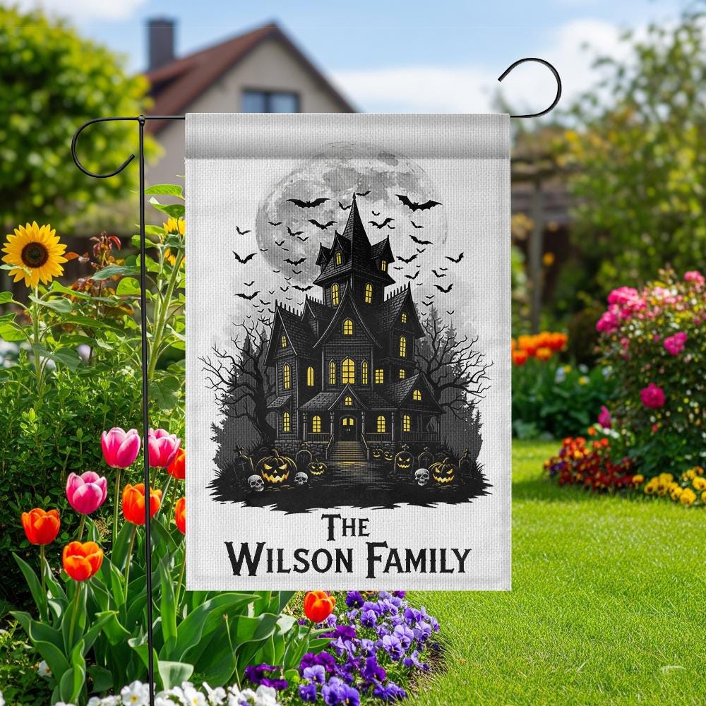 Personalized Haunted House Garden Flag, Custom Family Halloween Decor, Spooky Yard Banner, Moon & Bats