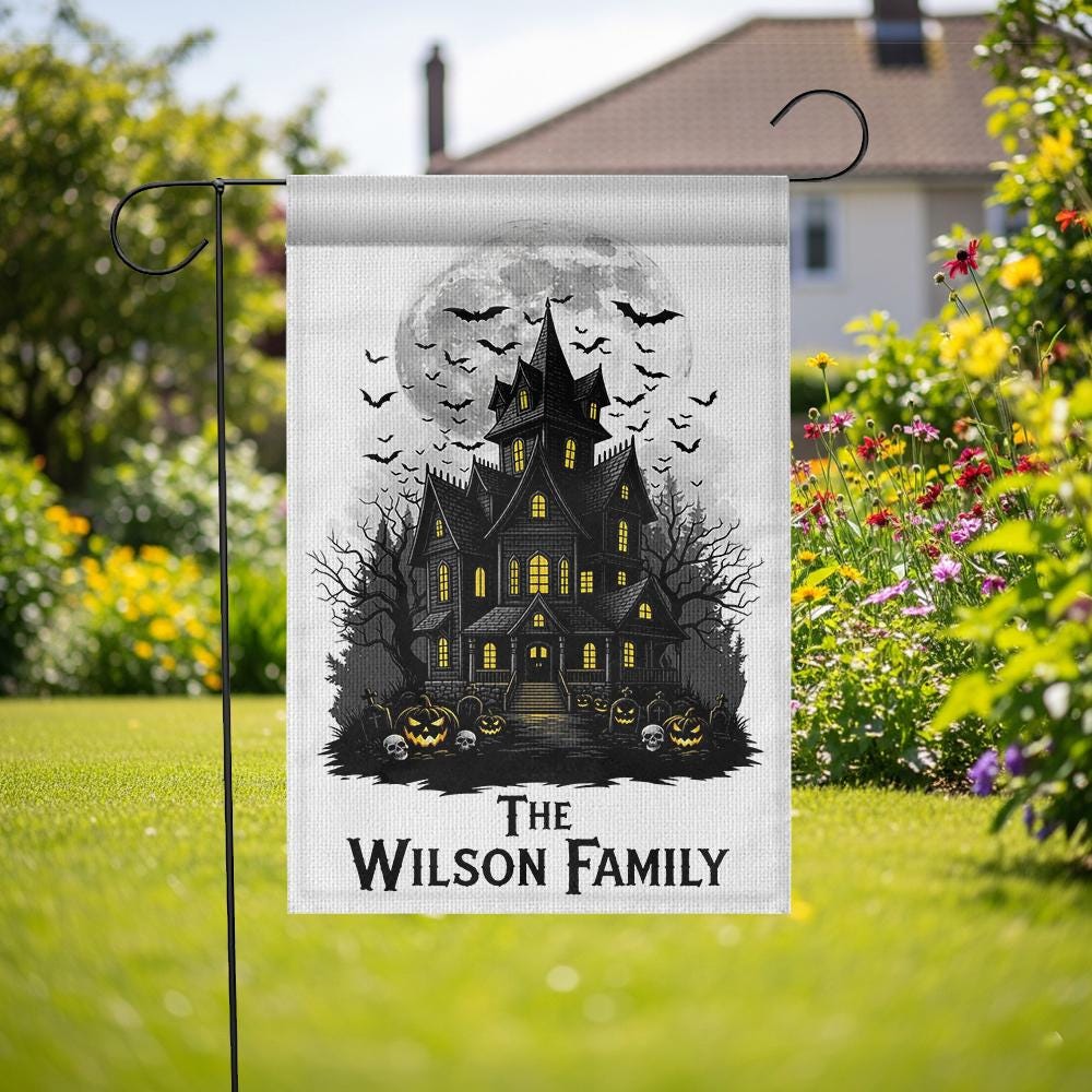 Personalized Haunted House Garden Flag, Custom Family Halloween Decor, Spooky Yard Banner, Moon & Bats