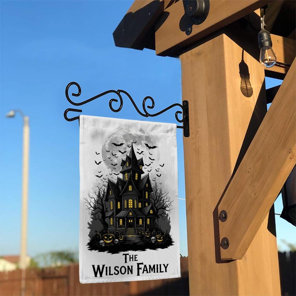 Personalized Haunted House Garden Flag, Custom Family Halloween Decor, Spooky Yard Banner, Moon & Bats
