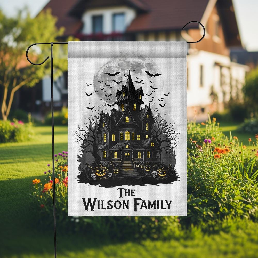 Personalized Haunted House Garden Flag, Custom Family Halloween Decor, Spooky Yard Banner, Moon & Bats