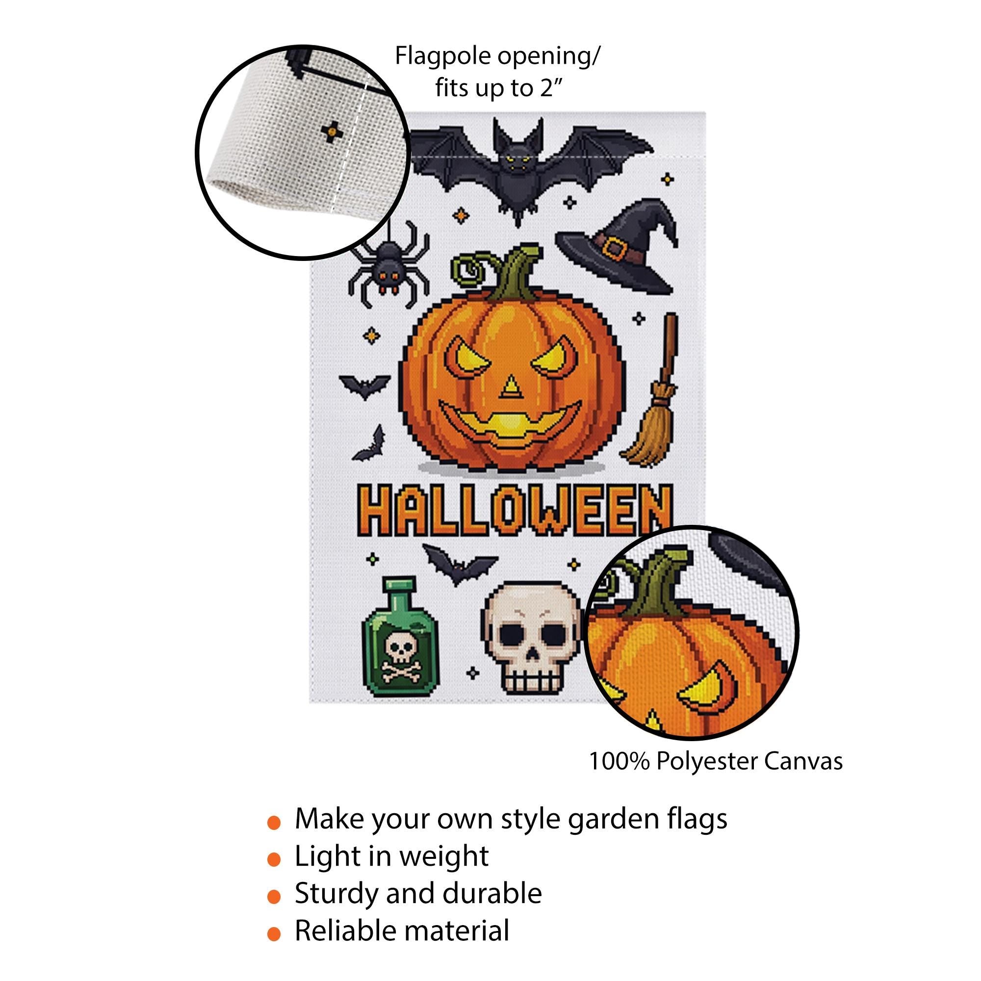 Pixel Art Halloween Garden Flag, Spooky Pumpkin Bat Spider Witch Hat, Outdoor Fall Decor Banner