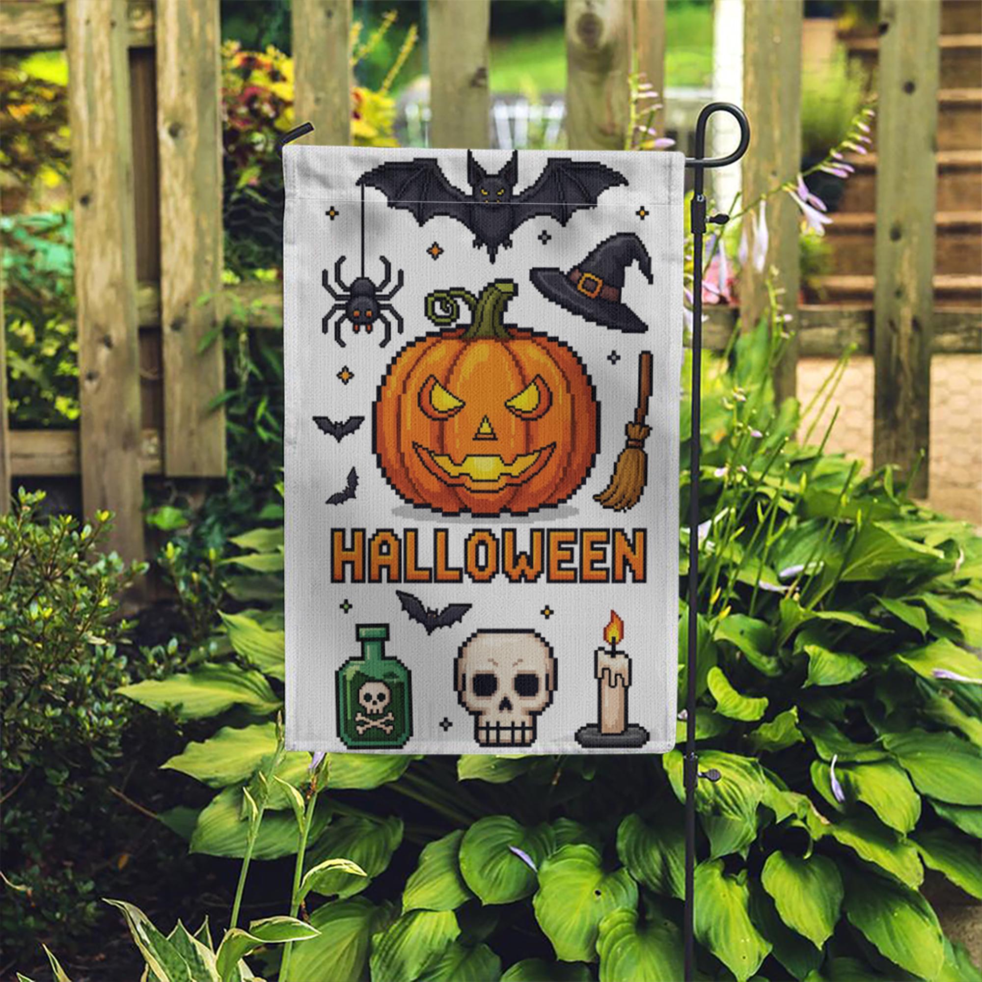 Pixel Art Halloween Garden Flag, Spooky Pumpkin Bat Spider Witch Hat, Outdoor Fall Decor Banner
