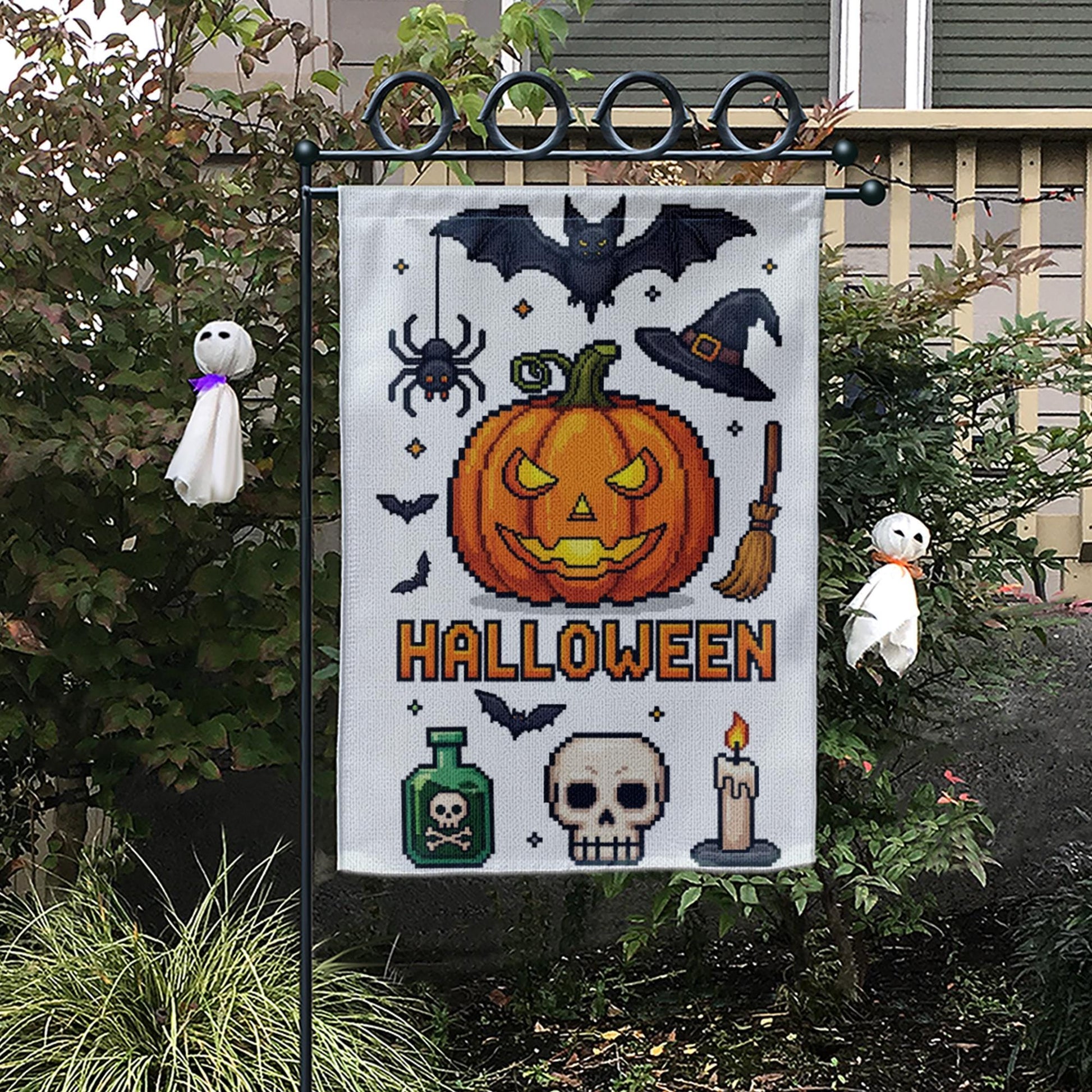 Pixel Art Halloween Garden Flag, Spooky Pumpkin Bat Spider Witch Hat, Outdoor Fall Decor Banner
