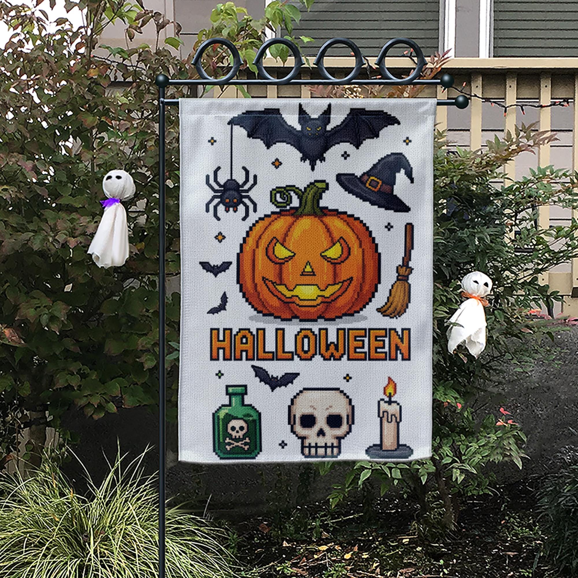 Pixel Art Halloween Garden Flag, Spooky Pumpkin Bat Spider Witch Hat, Outdoor Fall Decor Banner