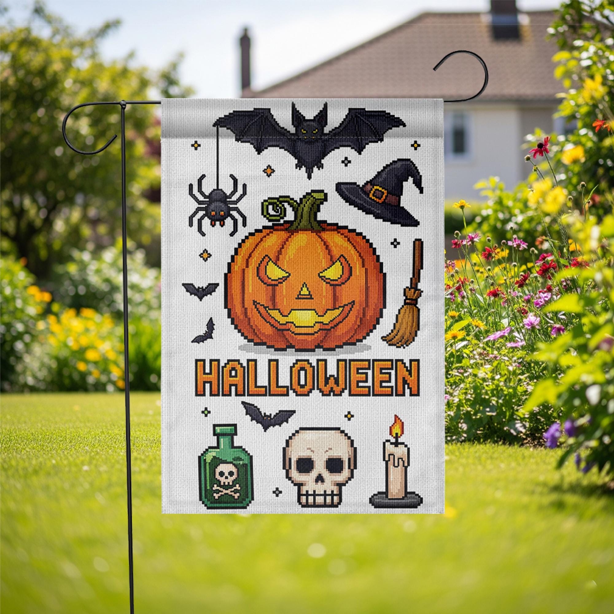 Pixel Art Halloween Garden Flag, Spooky Pumpkin Bat Spider Witch Hat, Outdoor Fall Decor Banner