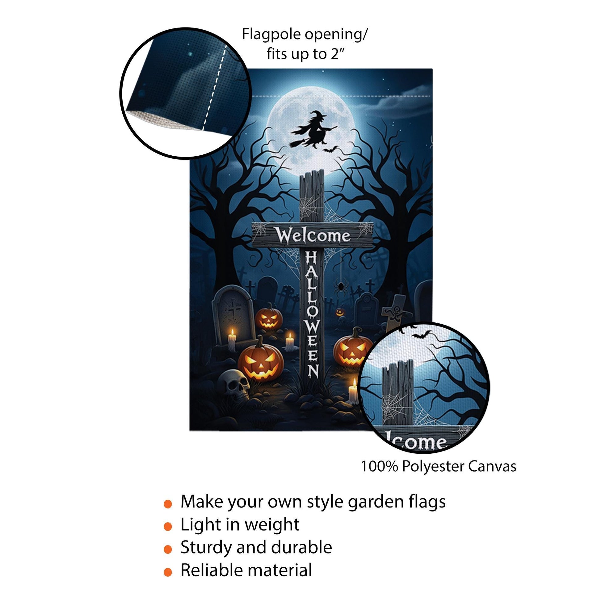 Welcome Halloween Garden Flag, Witch & Moon Yard Decor, Spooky Graveyard Pumpkin Banner, Outdoor Fall Decoration