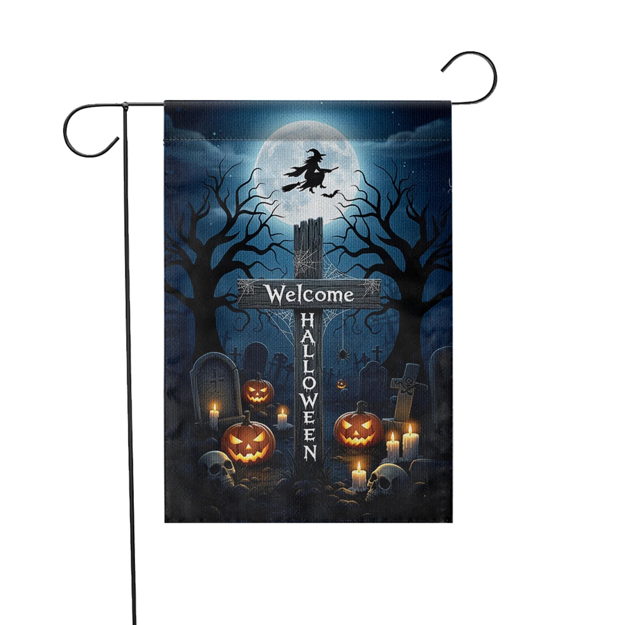 Welcome Halloween Garden Flag, Witch & Moon Yard Decor, Spooky Graveyard Pumpkin Banner, Outdoor Fall Decoration
