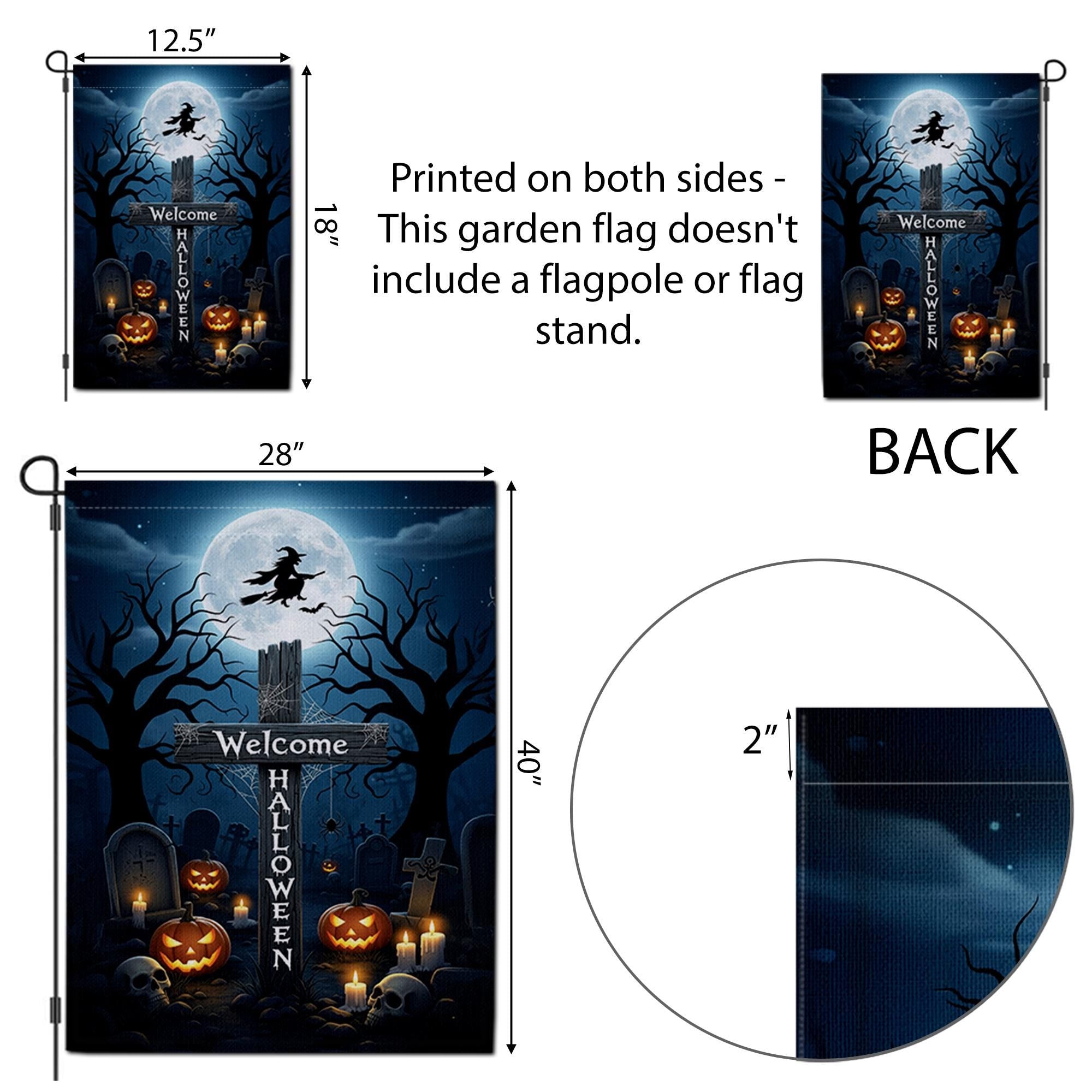Welcome Halloween Garden Flag, Witch & Moon Yard Decor, Spooky Graveyard Pumpkin Banner, Outdoor Fall Decoration