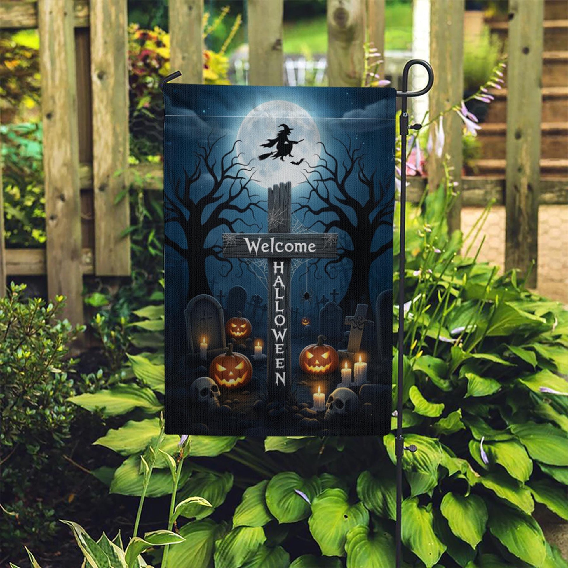 Welcome Halloween Garden Flag, Witch & Moon Yard Decor, Spooky Graveyard Pumpkin Banner, Outdoor Fall Decoration