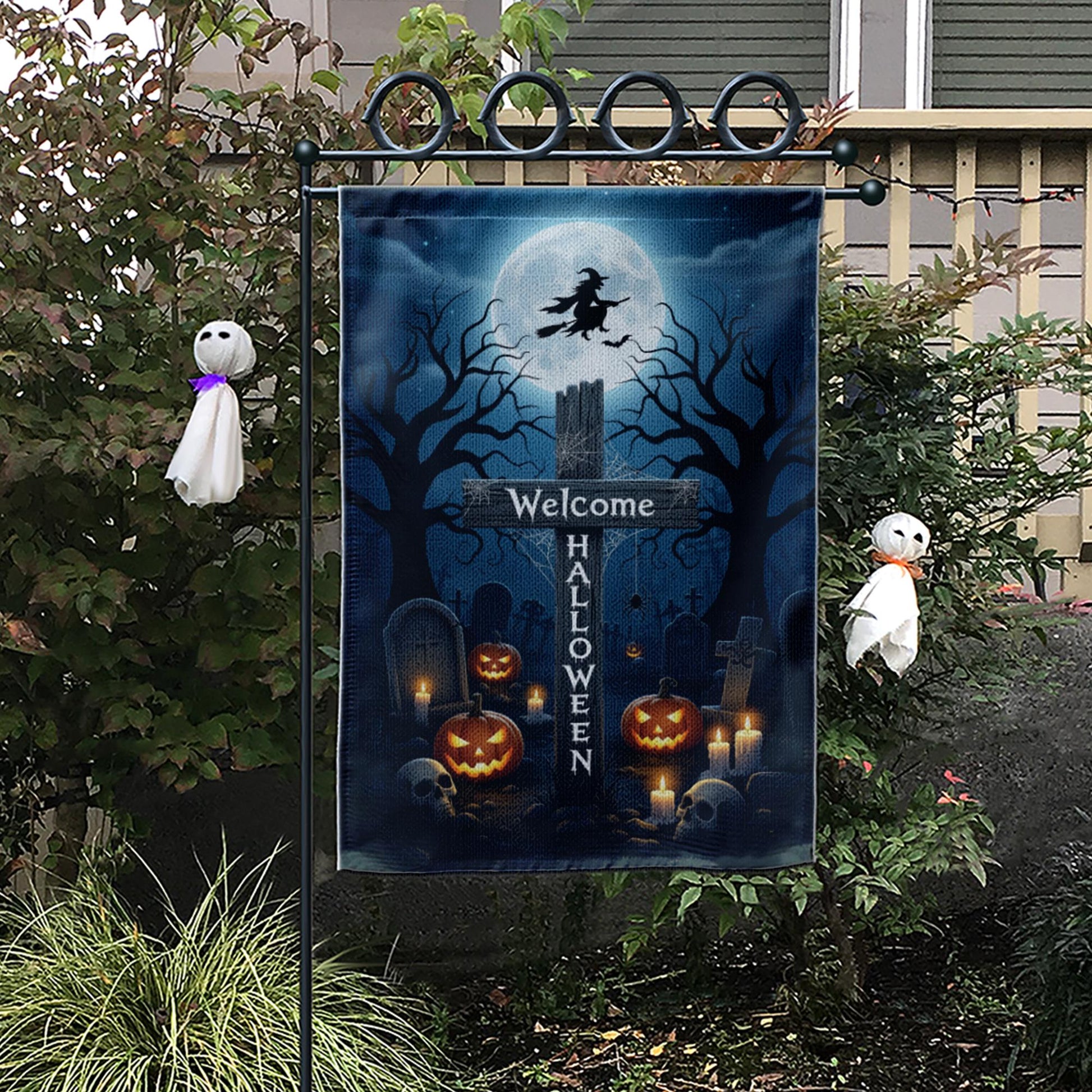 Welcome Halloween Garden Flag, Witch & Moon Yard Decor, Spooky Graveyard Pumpkin Banner, Outdoor Fall Decoration