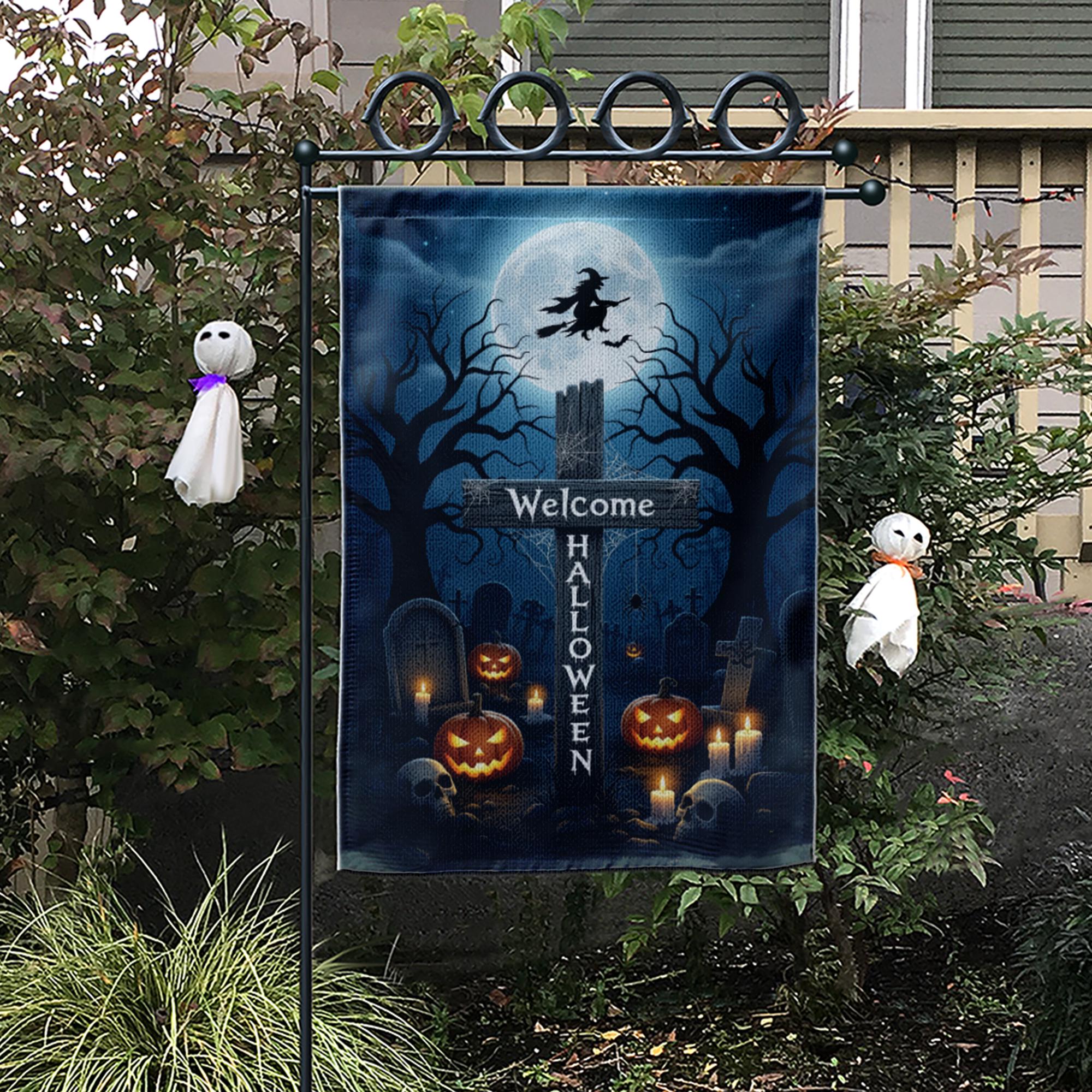 Welcome Halloween Garden Flag, Witch & Moon Yard Decor, Spooky Graveyard Pumpkin Banner, Outdoor Fall Decoration