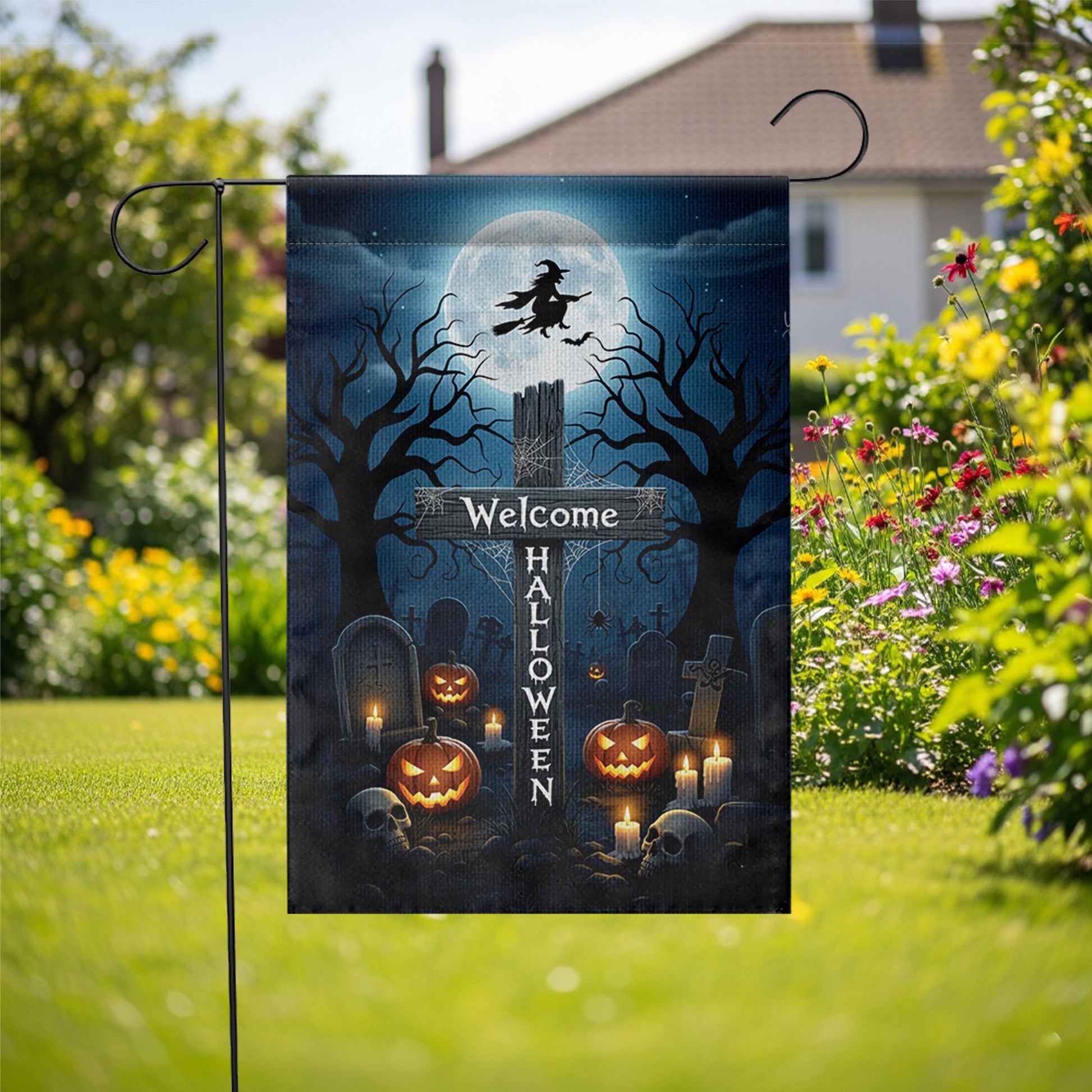 Welcome Halloween Garden Flag, Witch & Moon Yard Decor, Spooky Graveyard Pumpkin Banner, Outdoor Fall Decoration