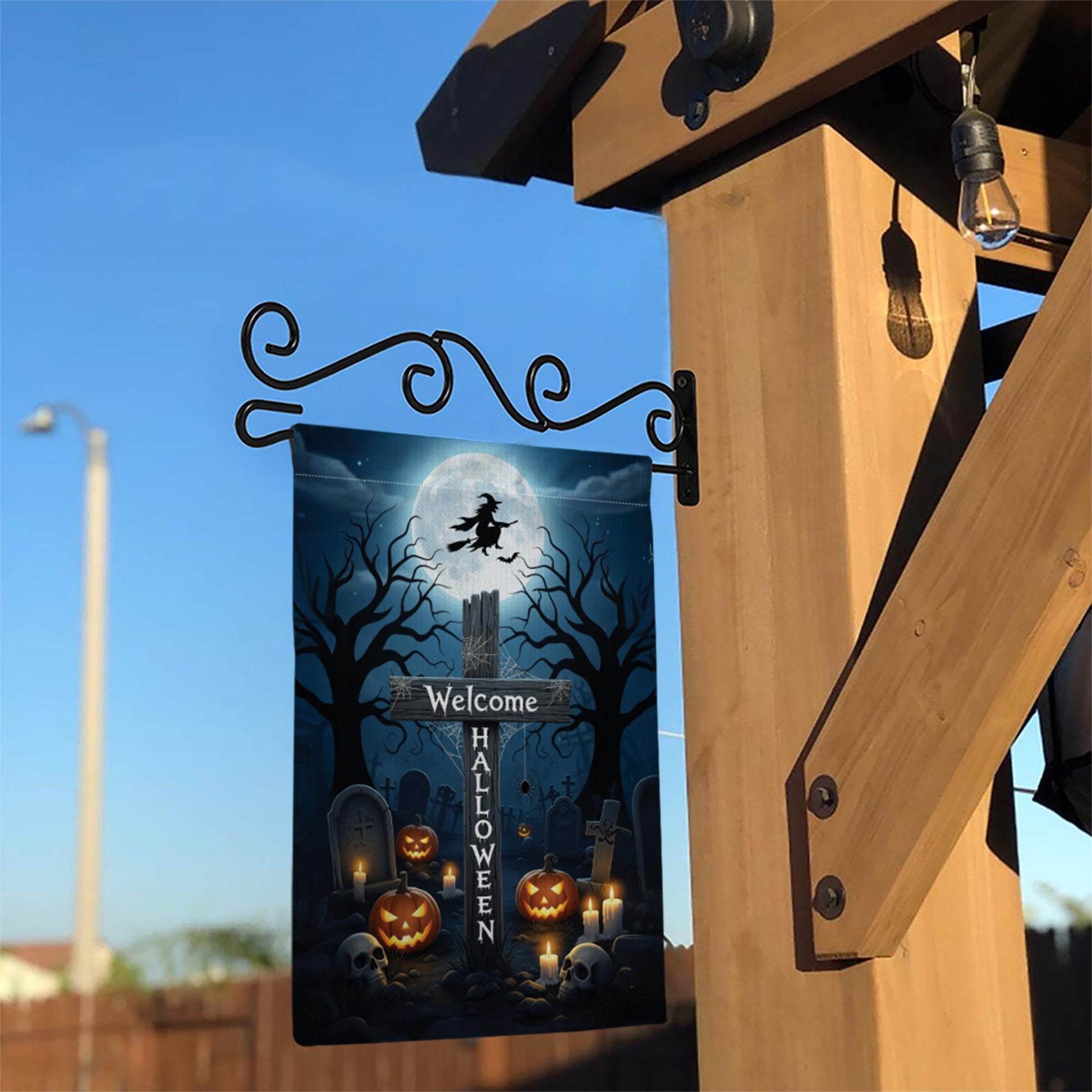 Welcome Halloween Garden Flag, Witch & Moon Yard Decor, Spooky Graveyard Pumpkin Banner, Outdoor Fall Decoration
