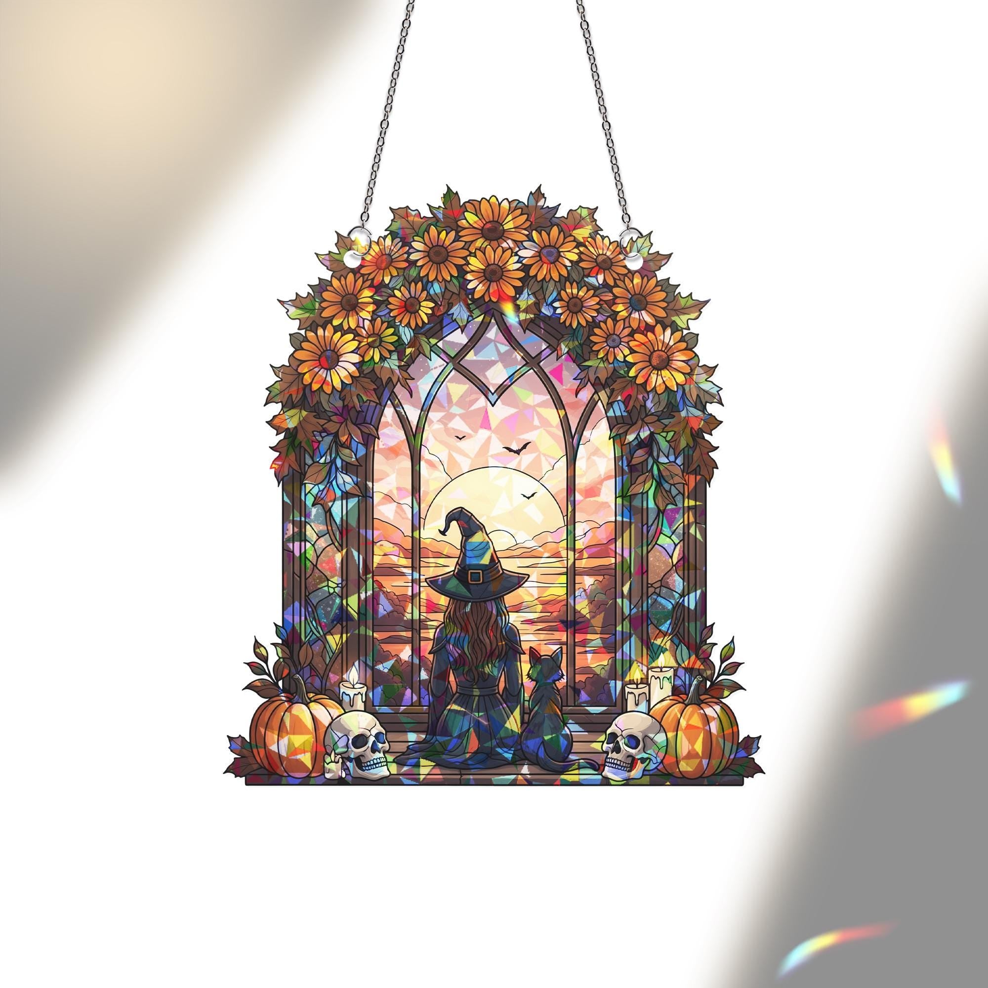 Witch & Cat Stained Glass Suncatcher, Autumn Window Decor, Fantasy Sunset Scene, Halloween Gothic Art