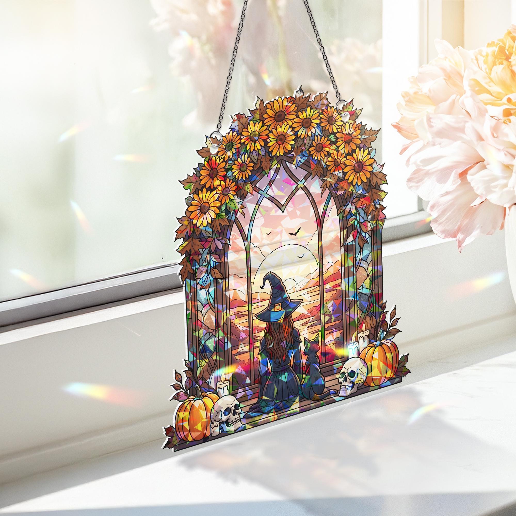 Witch & Cat Stained Glass Suncatcher, Autumn Window Decor, Fantasy Sunset Scene, Halloween Gothic Art