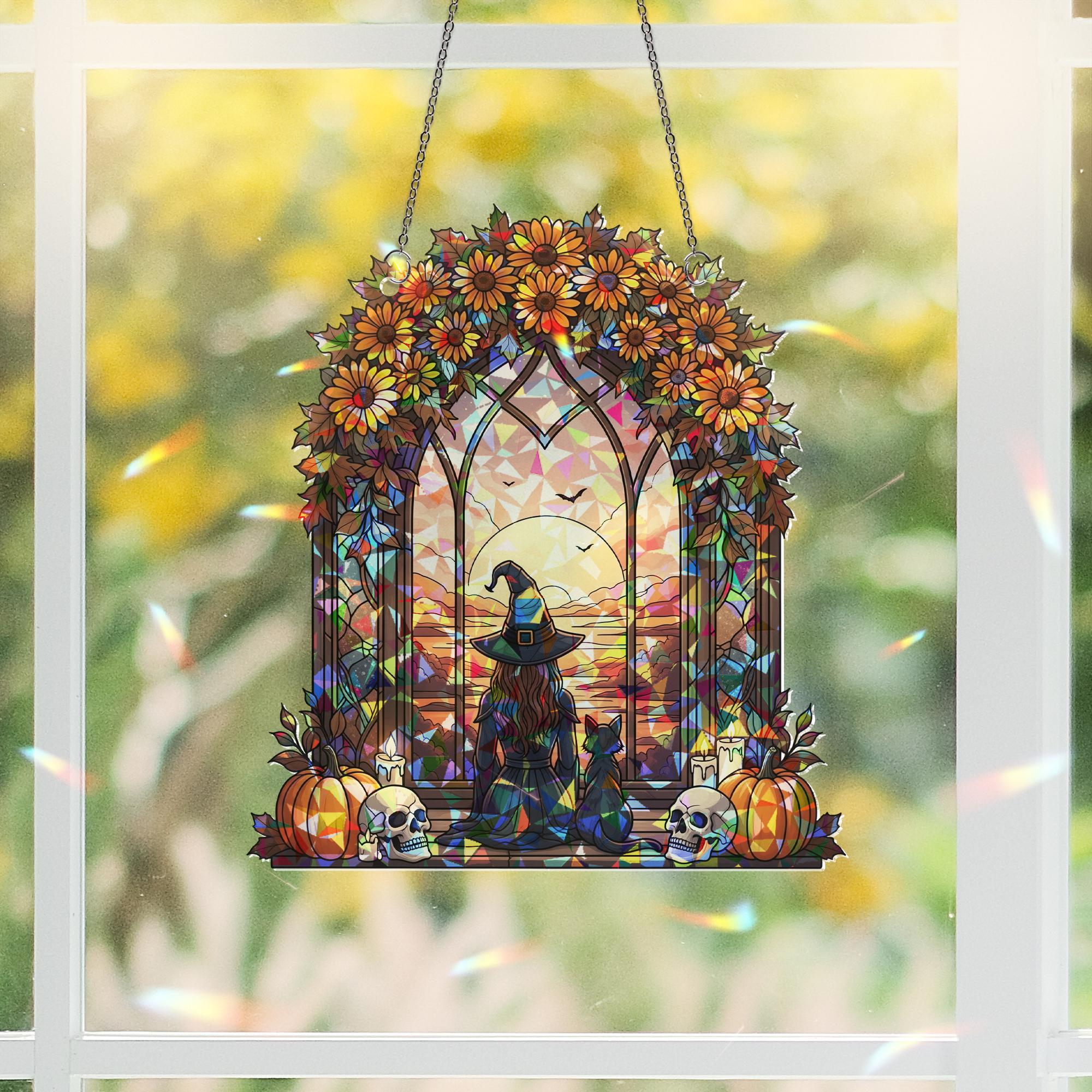 Witch & Cat Stained Glass Suncatcher, Autumn Window Decor, Fantasy Sunset Scene, Halloween Gothic Art
