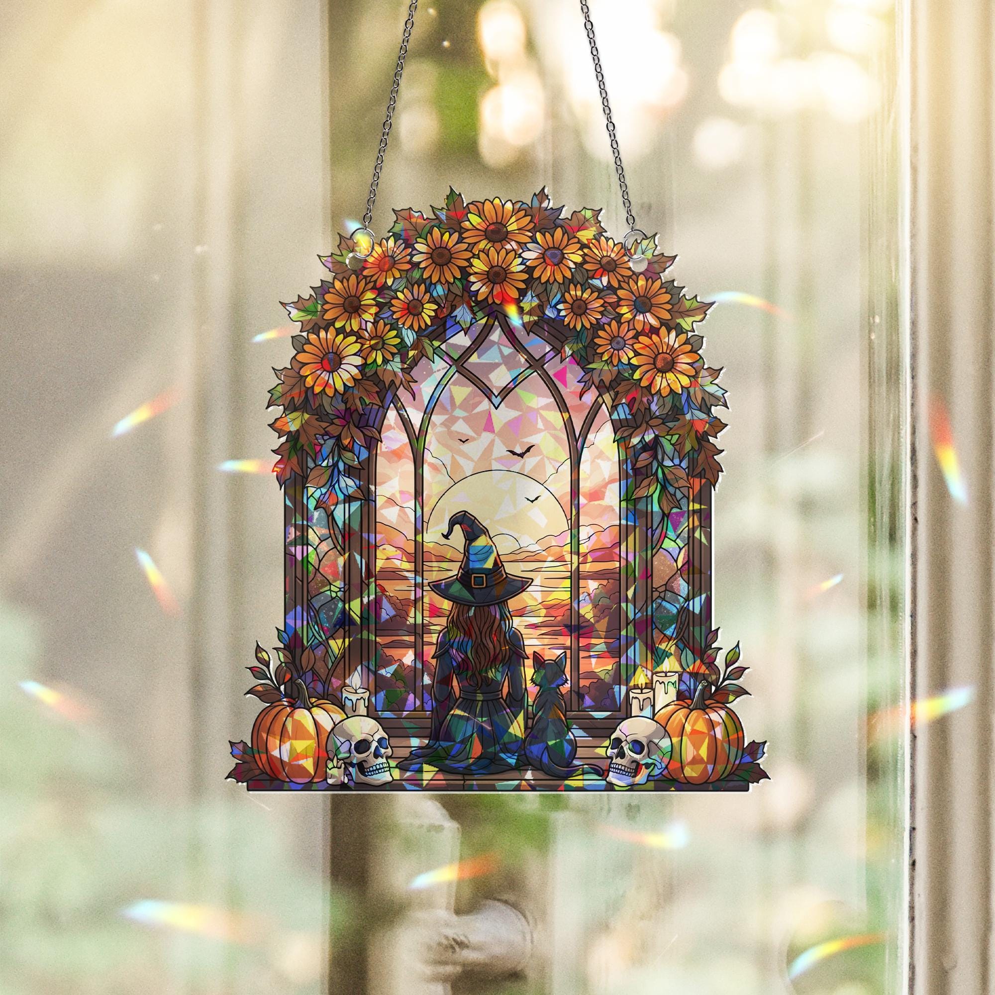 Witch & Cat Stained Glass Suncatcher, Autumn Window Decor, Fantasy Sunset Scene, Halloween Gothic Art