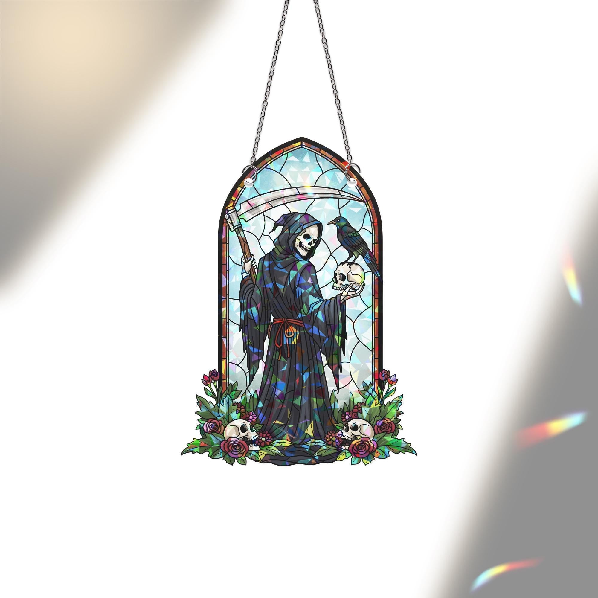 Grim Reaper Stained Glass Suncatcher, Halloween Death & Skull Art, Gothic Window Decor, Spooky Home Gift