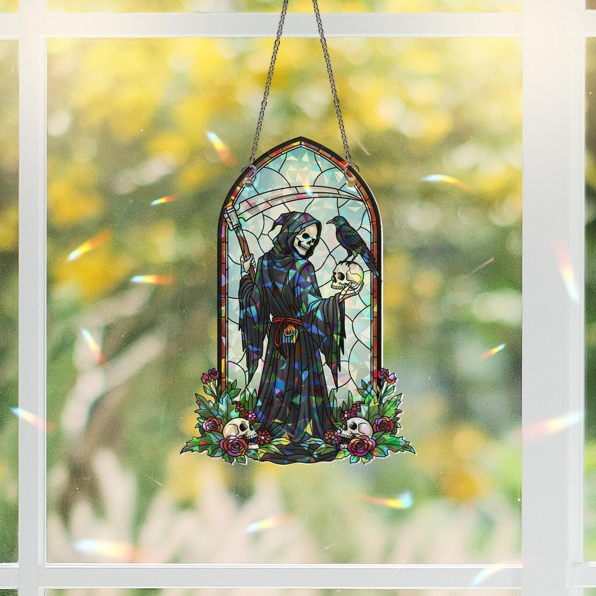 Grim Reaper Stained Glass Suncatcher, Halloween Death & Skull Art, Gothic Window Decor, Spooky Home Gift