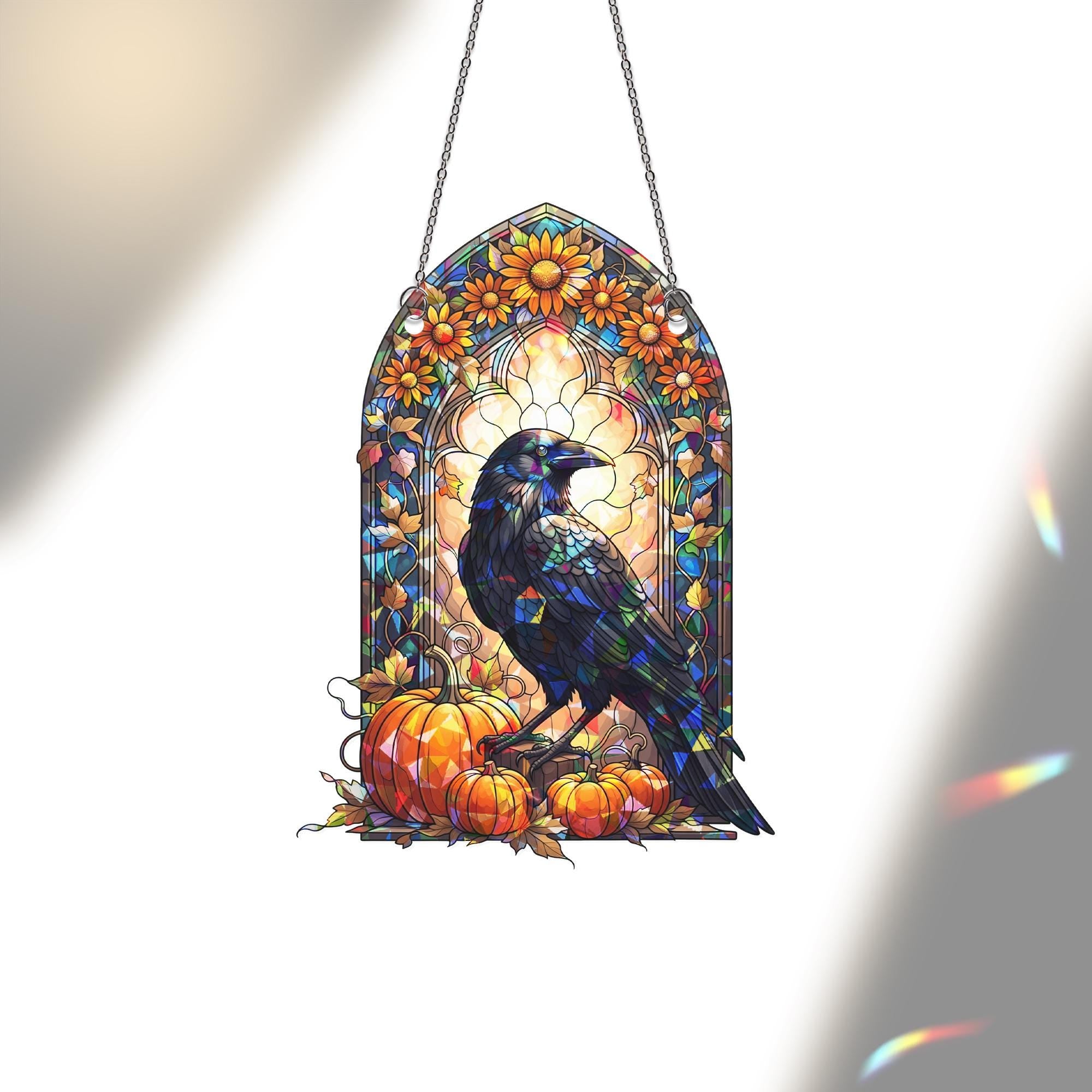 Raven & Pumpkin Stained Glass Suncatcher, Halloween Fall Decor, Crow Window Art, Autumn Garden Gift