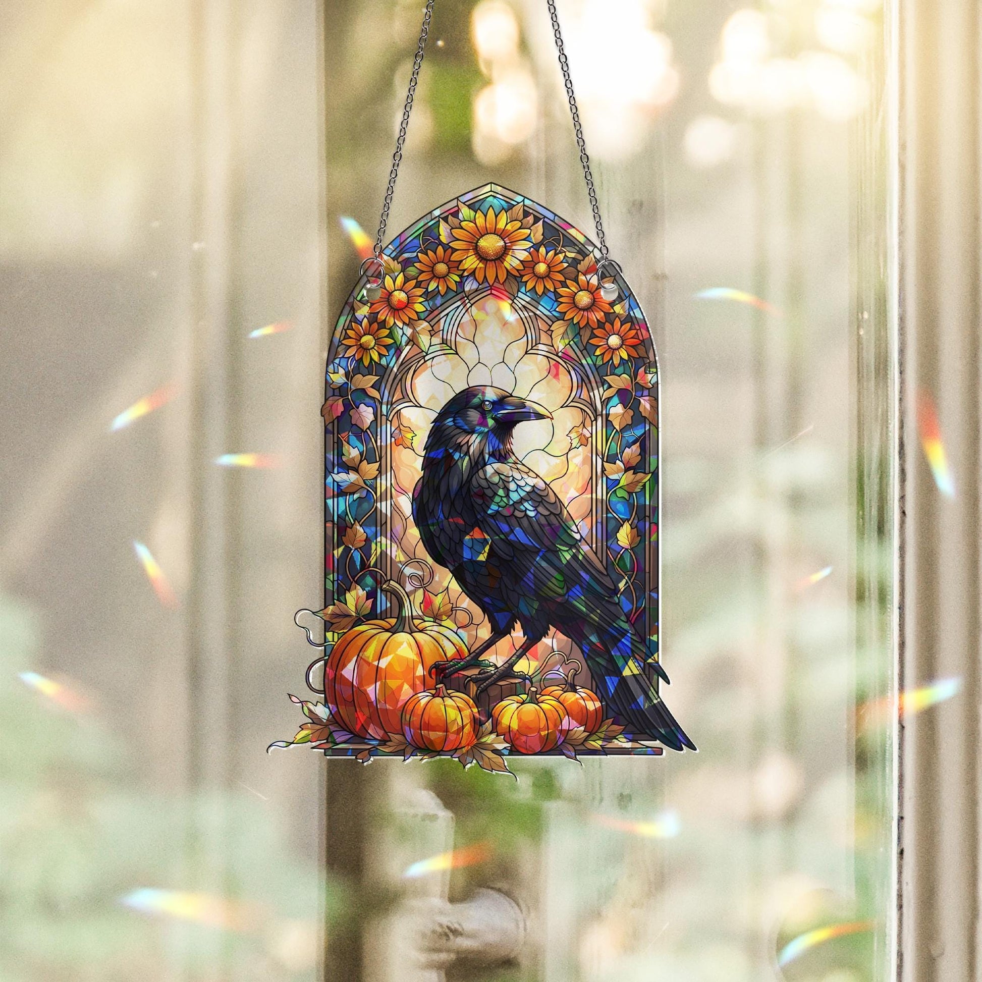 Raven & Pumpkin Stained Glass Suncatcher, Halloween Fall Decor, Crow Window Art, Autumn Garden Gift