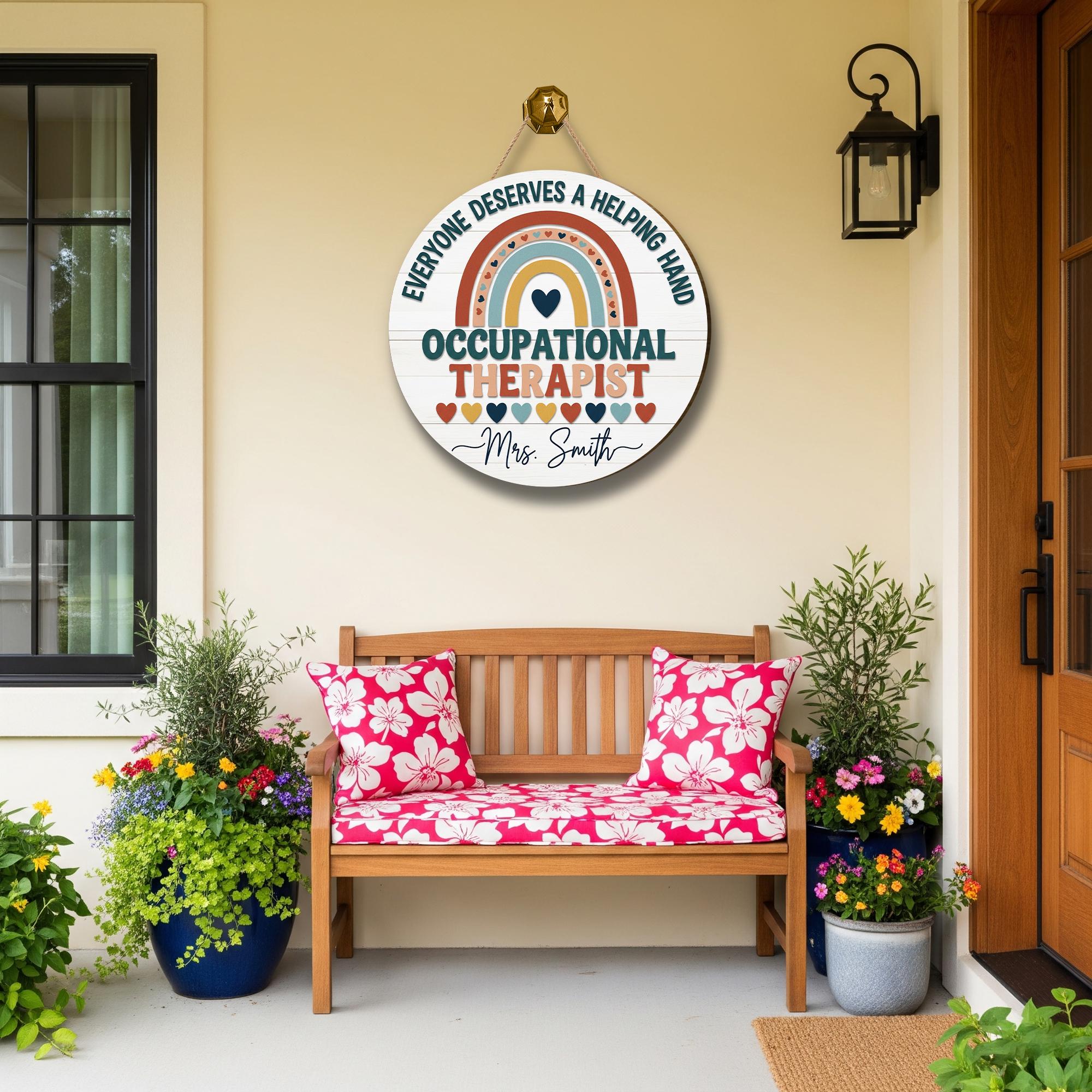 Custom Occupational Therapist 3D Laser Cut Door Sign, Personalized Rainbow Office Decor, OT Appreciation Gift – Helping Hand Quote Wood Sign