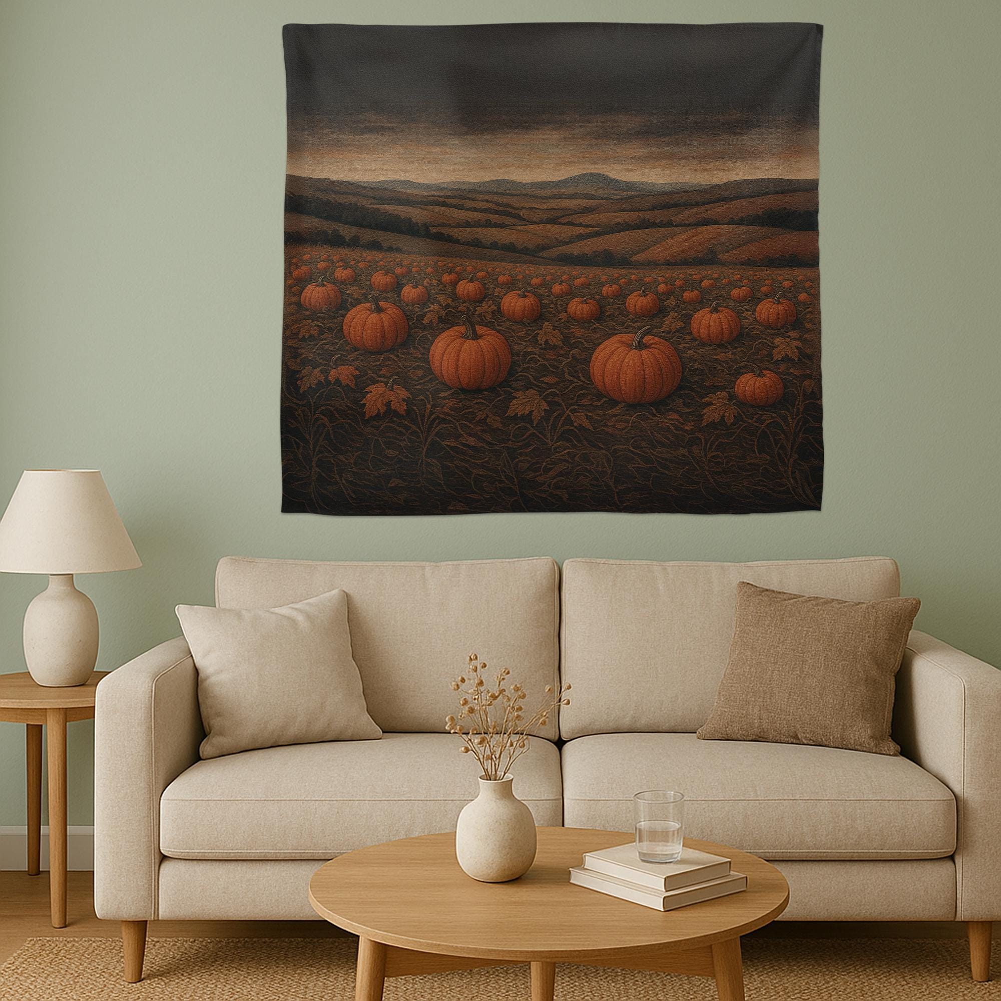 Pumpkin Patch Tapestry, Rustic Fall Wall Decor, Autumn Farm Landscape Art, Cozy Halloween Harvest Scene, Country Cottage Accent