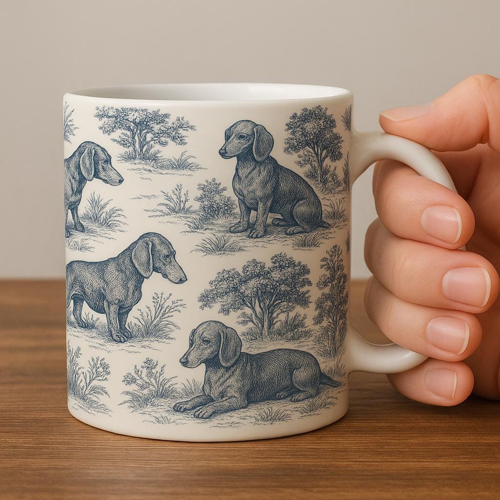Toile de Jouy style Dachshund Mug, Vintage Style Sausage Dog Coffee Cup, Elegant Wiener Dog Gift for Her, French Country Dog Lover Decor