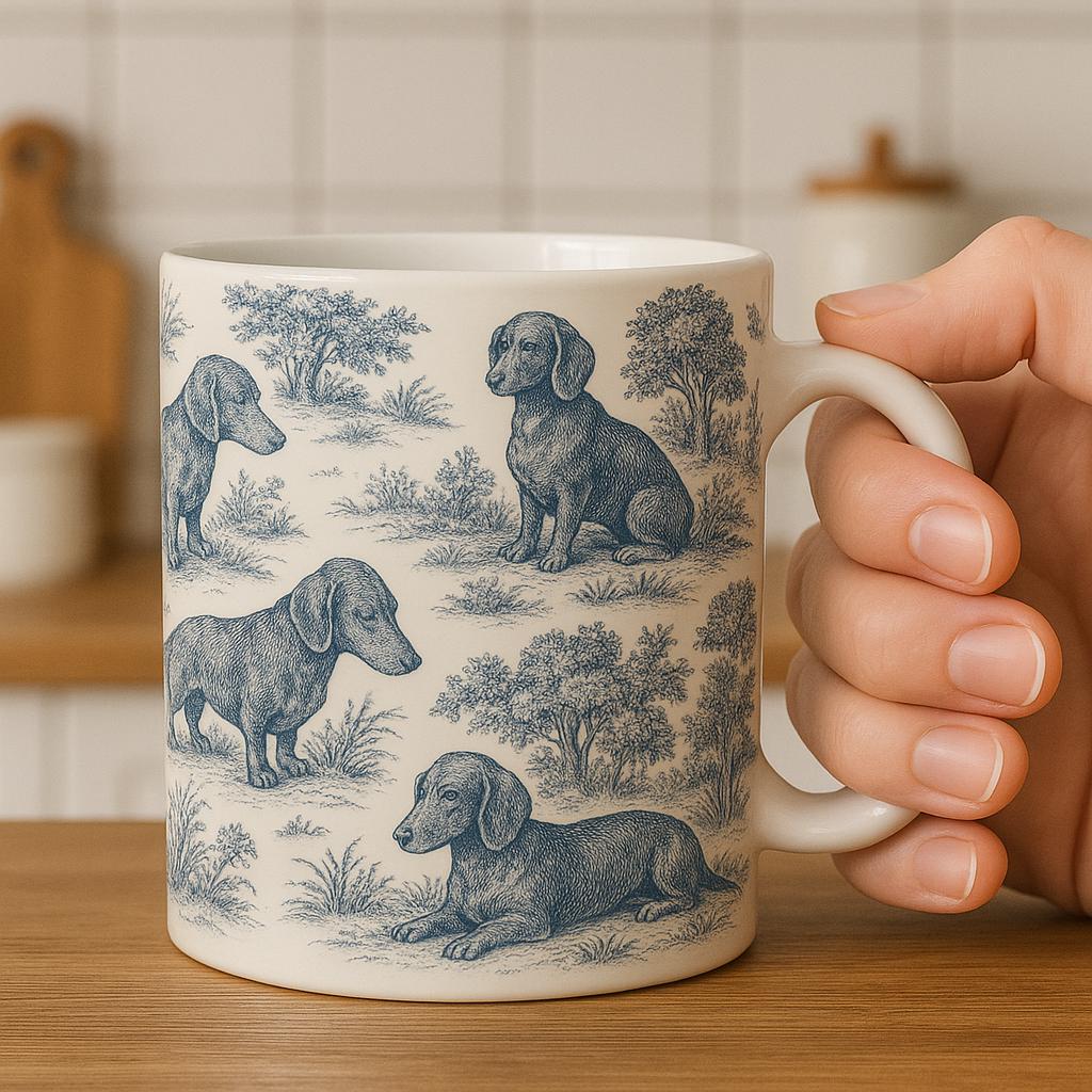 Toile de Jouy style Dachshund Mug, Vintage Style Sausage Dog Coffee Cup, Elegant Wiener Dog Gift for Her, French Country Dog Lover Decor