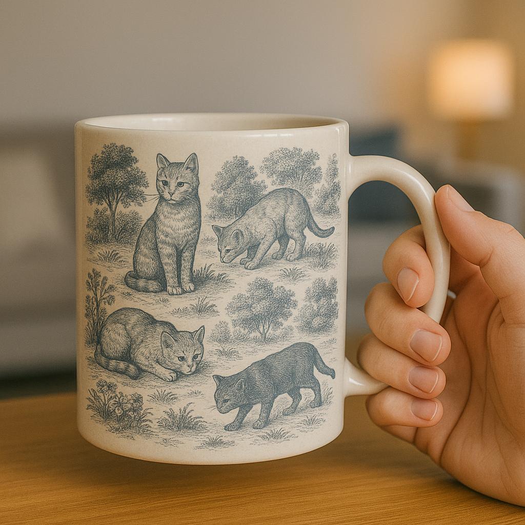 Toile de Jouy Cat Mug, Vintage French Style Coffee Cup for Cat Lovers, Elegant Kitty Teacup Gift, Cottagecore Cat Aesthetic Decor