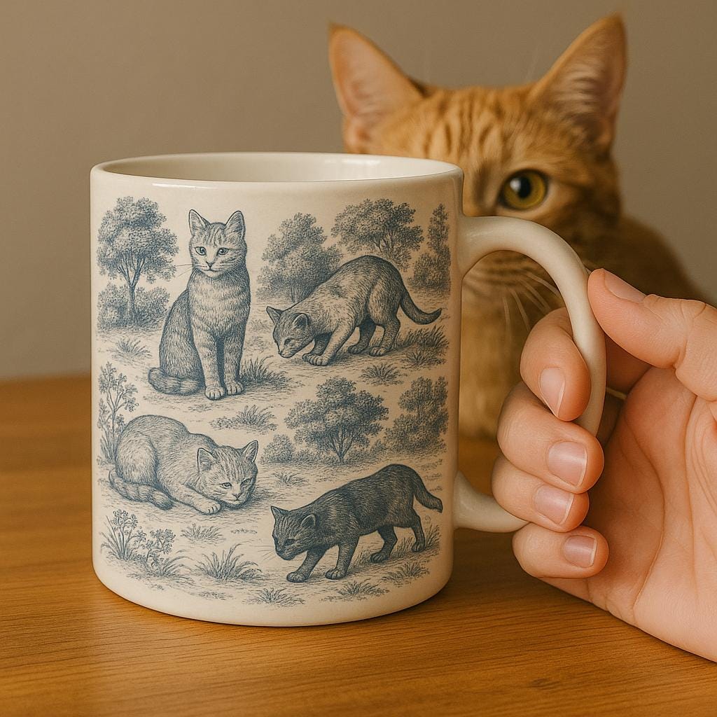 Toile de Jouy Cat Mug, Vintage French Style Coffee Cup for Cat Lovers, Elegant Kitty Teacup Gift, Cottagecore Cat Aesthetic Decor