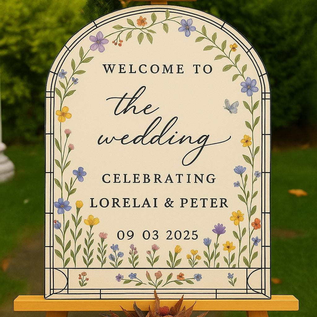 Custom Floral Wedding Welcome Sign, Personalized Arch Ceremony Poster with Names & Date, Elegant Garden Party or Outdoor Decor