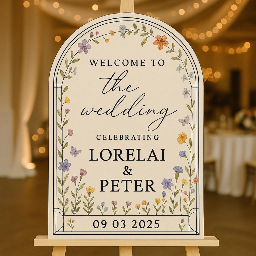 Custom Floral Wedding Welcome Sign, Personalized Arch Ceremony Poster with Names & Date, Elegant Garden Party or Outdoor Decor