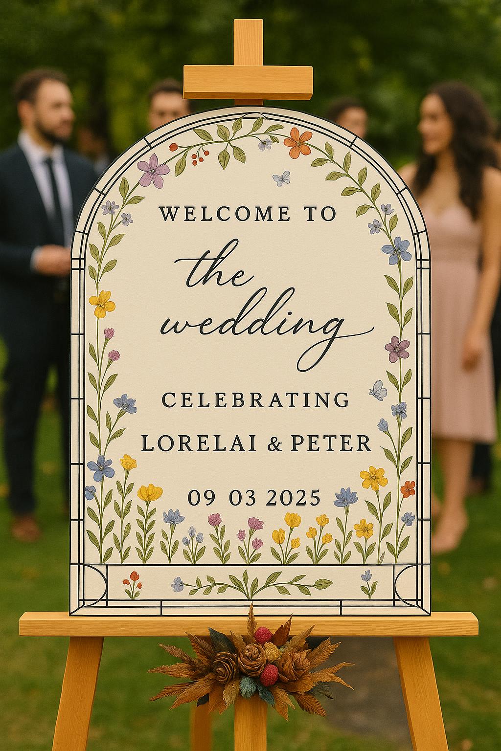 Custom Floral Wedding Welcome Sign, Personalized Arch Ceremony Poster with Names & Date, Elegant Garden Party or Outdoor Decor