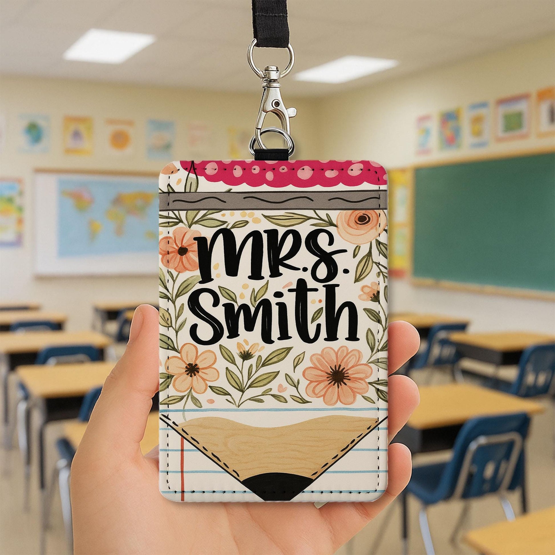 Custom Floral Teacher Badge Holder, Personalized Name ID Tag, Cute Classroom Accessory for Educators, Staff, or Back to School Gift