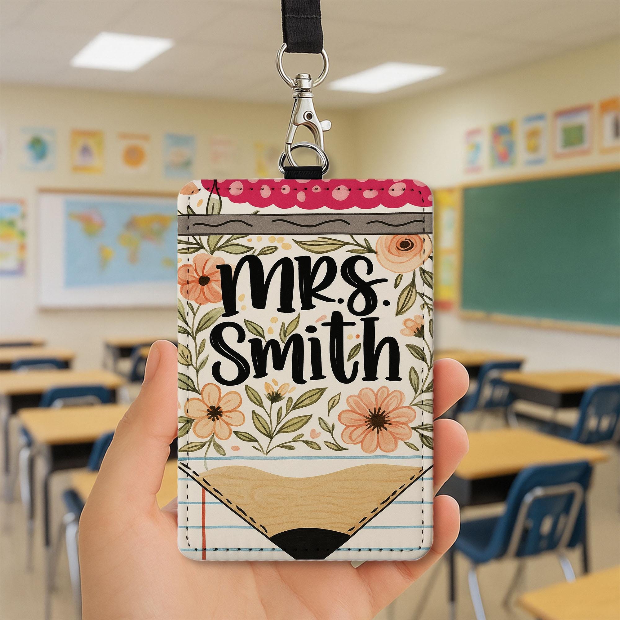 Custom Floral Teacher Badge Holder, Personalized Name ID Tag, Cute Classroom Accessory for Educators, Staff, or Back to School Gift