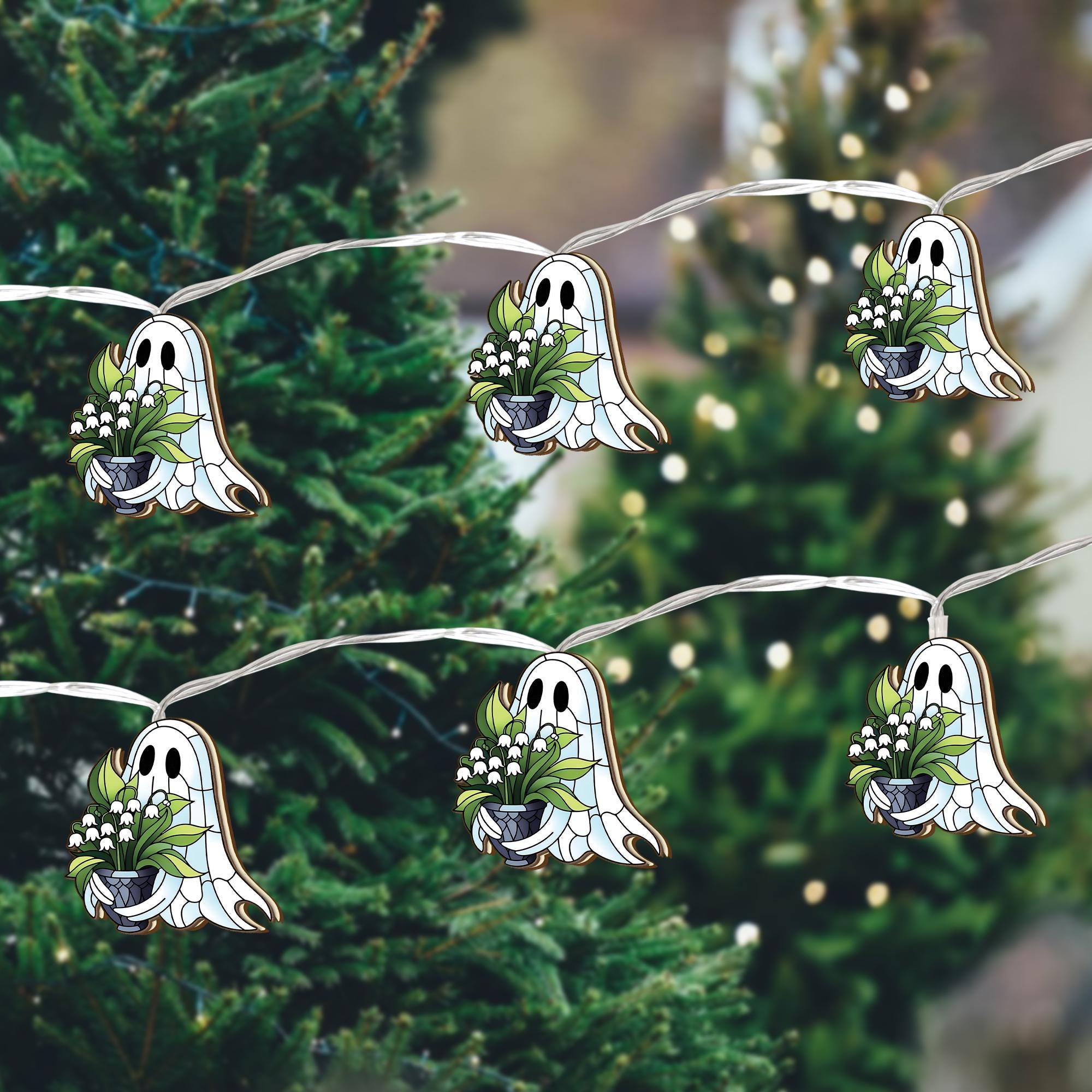 Ghost Flower String Lights, Wood Ghost Garland, Cute Halloween Decor, Lily of the Valley Ghost Lights, Cottagecore Room Decor