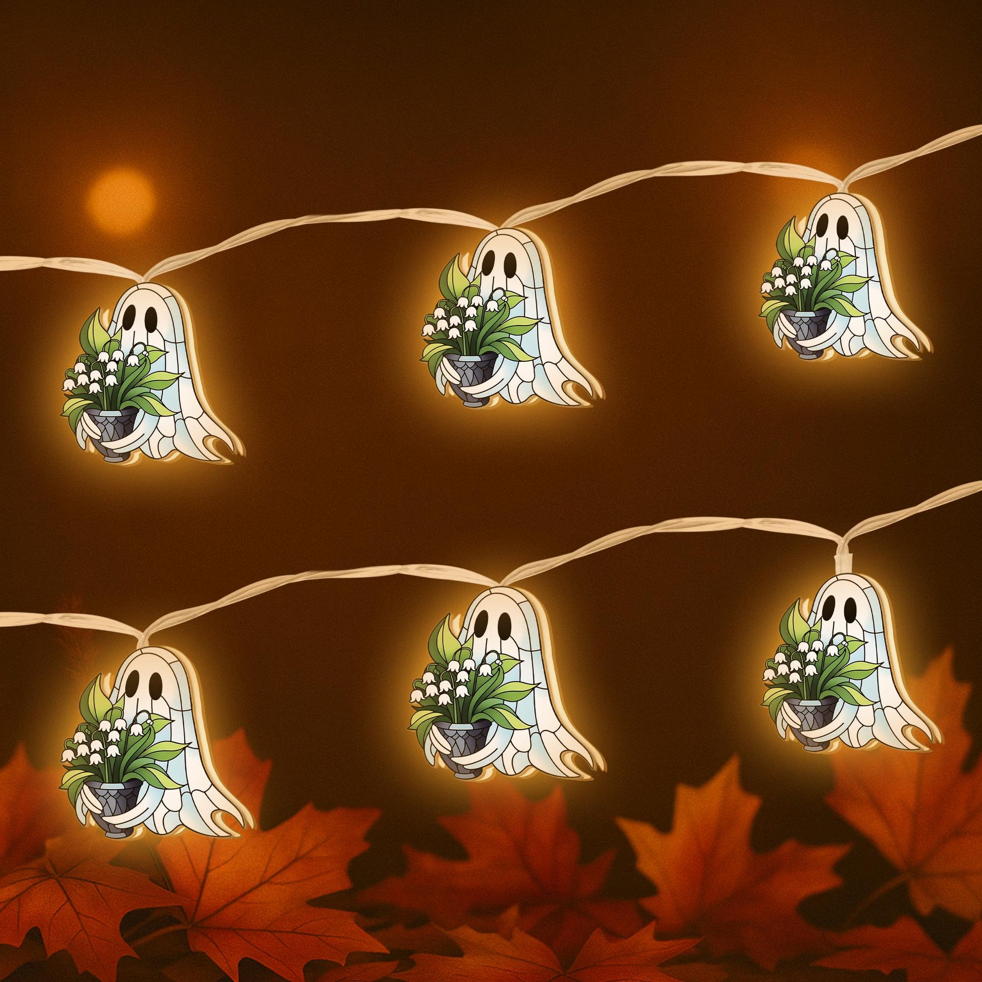 Ghost Flower String Lights, Wood Ghost Garland, Cute Halloween Decor, Lily of the Valley Ghost Lights, Cottagecore Room Decor