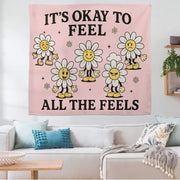 It's Okay To Feel All The Feels Tapestry, Retro 70s Daisy Wall Hanging, Groovy Positive Affirmation, Mental Health Dorm Decor Gift
