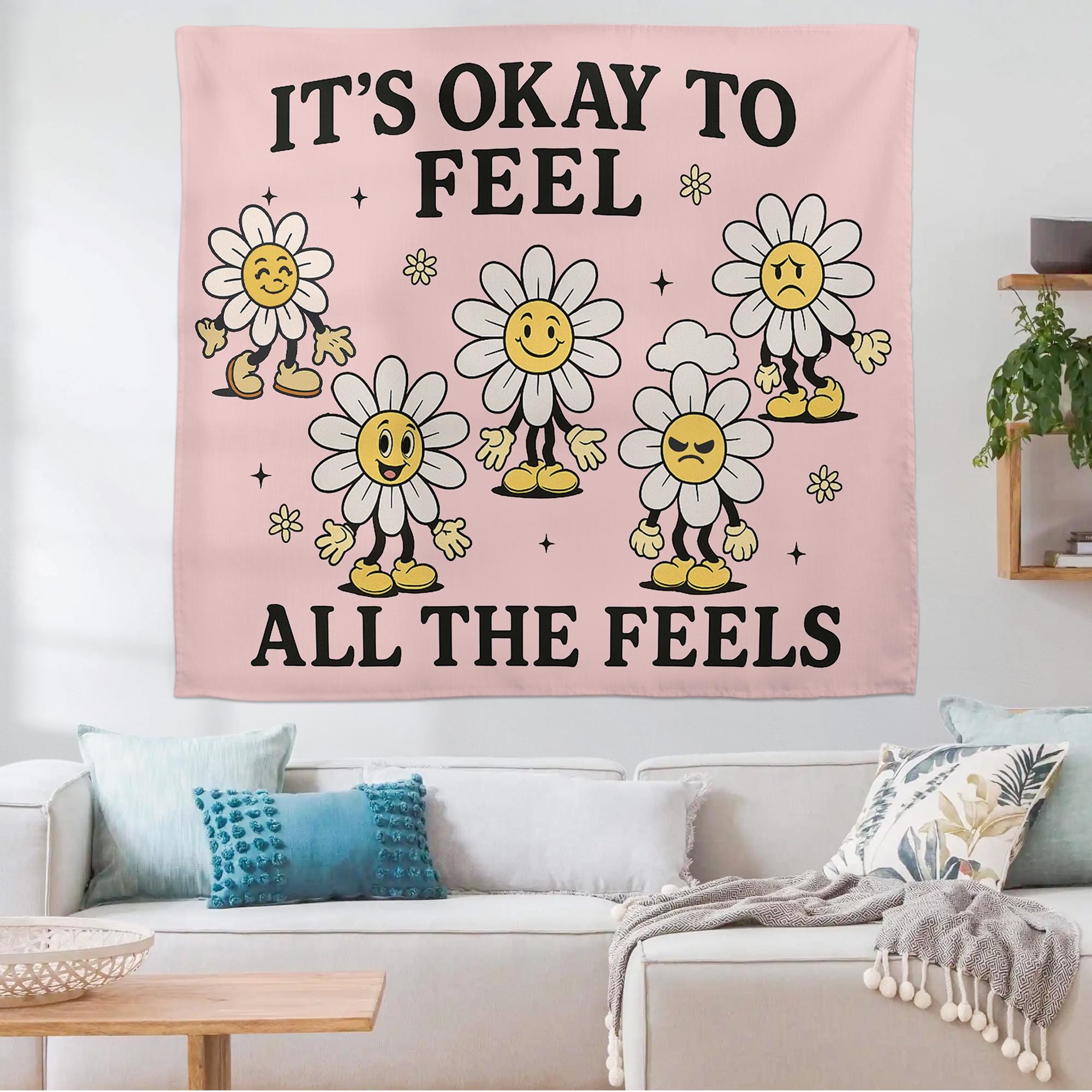 It's Okay To Feel All The Feels Tapestry, Retro 70s Daisy Wall Hanging, Groovy Positive Affirmation, Mental Health Dorm Decor Gift