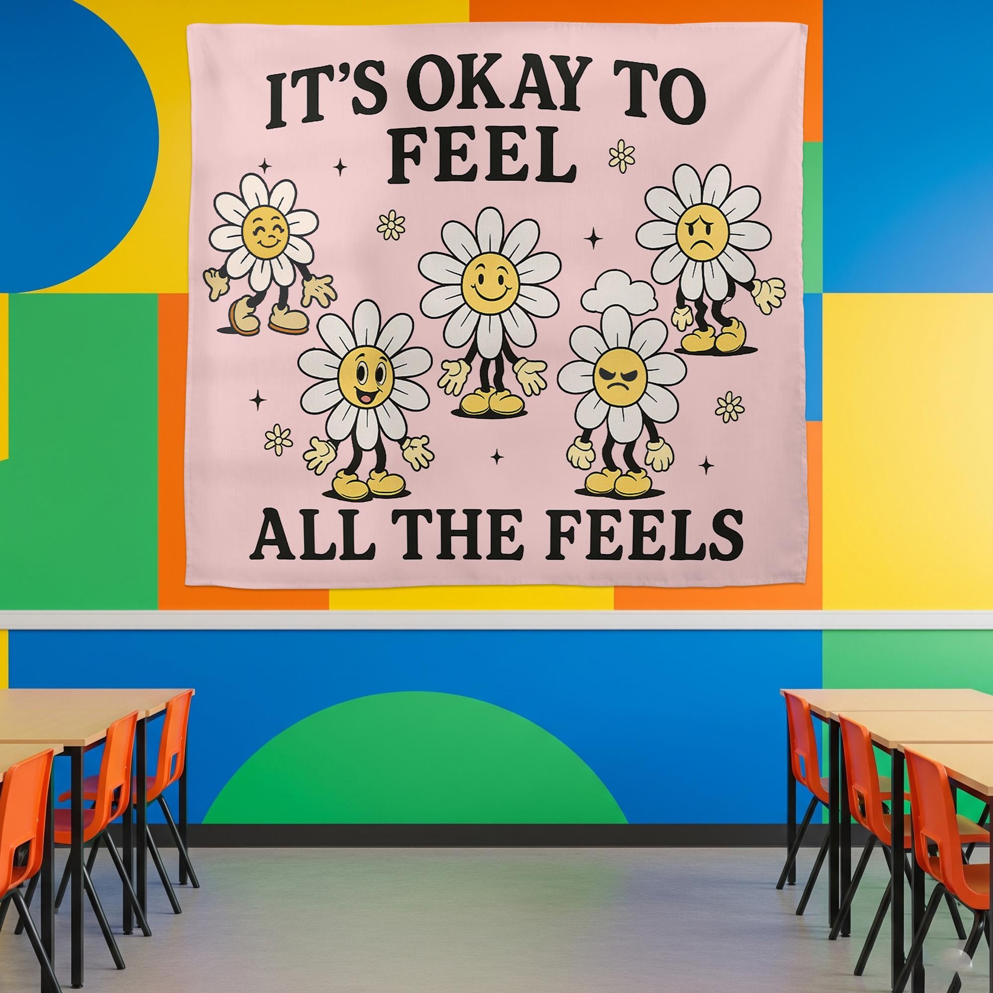 It's Okay To Feel All The Feels Tapestry, Retro 70s Daisy Wall Hanging, Groovy Positive Affirmation, Mental Health Dorm Decor Gift
