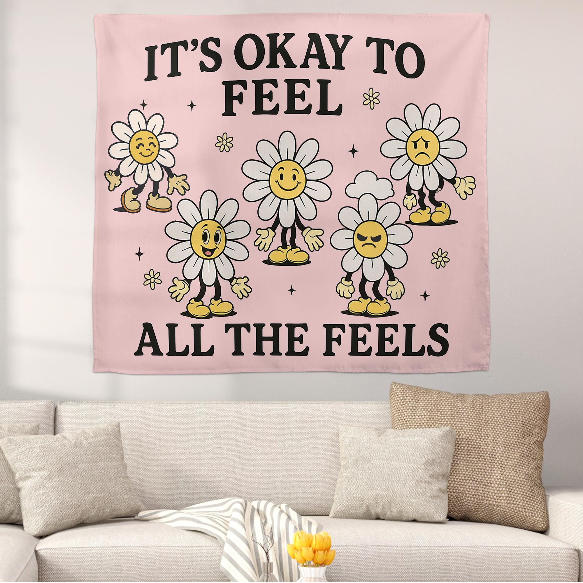 It's Okay To Feel All The Feels Tapestry, Retro 70s Daisy Wall Hanging, Groovy Positive Affirmation, Mental Health Dorm Decor Gift
