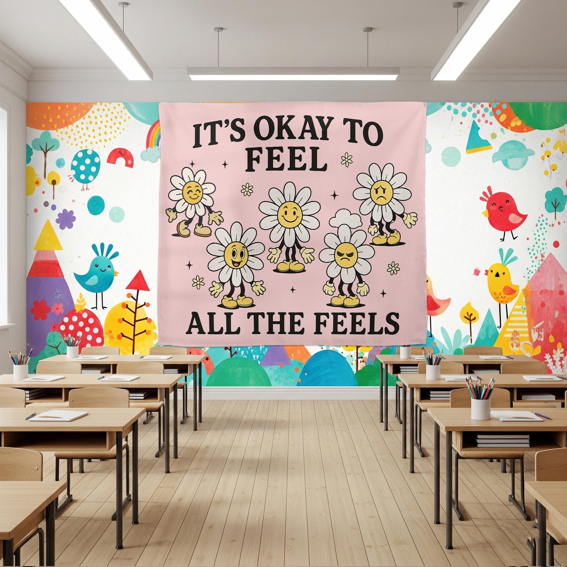 It's Okay To Feel All The Feels Tapestry, Retro 70s Daisy Wall Hanging, Groovy Positive Affirmation, Mental Health Dorm Decor Gift