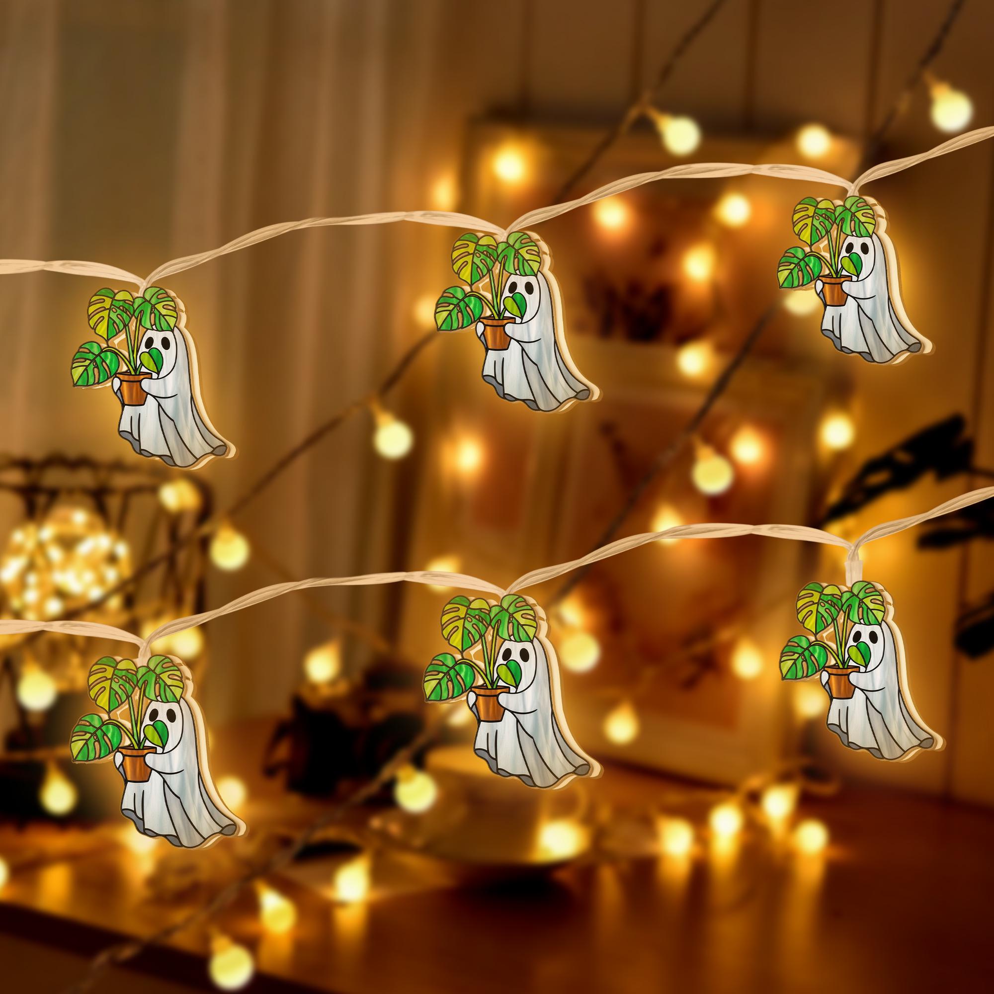 Spooky Ghost Plant Light – Halloween Ghost String Lights with Monstera, Cute Boho Plant Lover Decor, Ghost Pot Ornament, Halloween Lighting