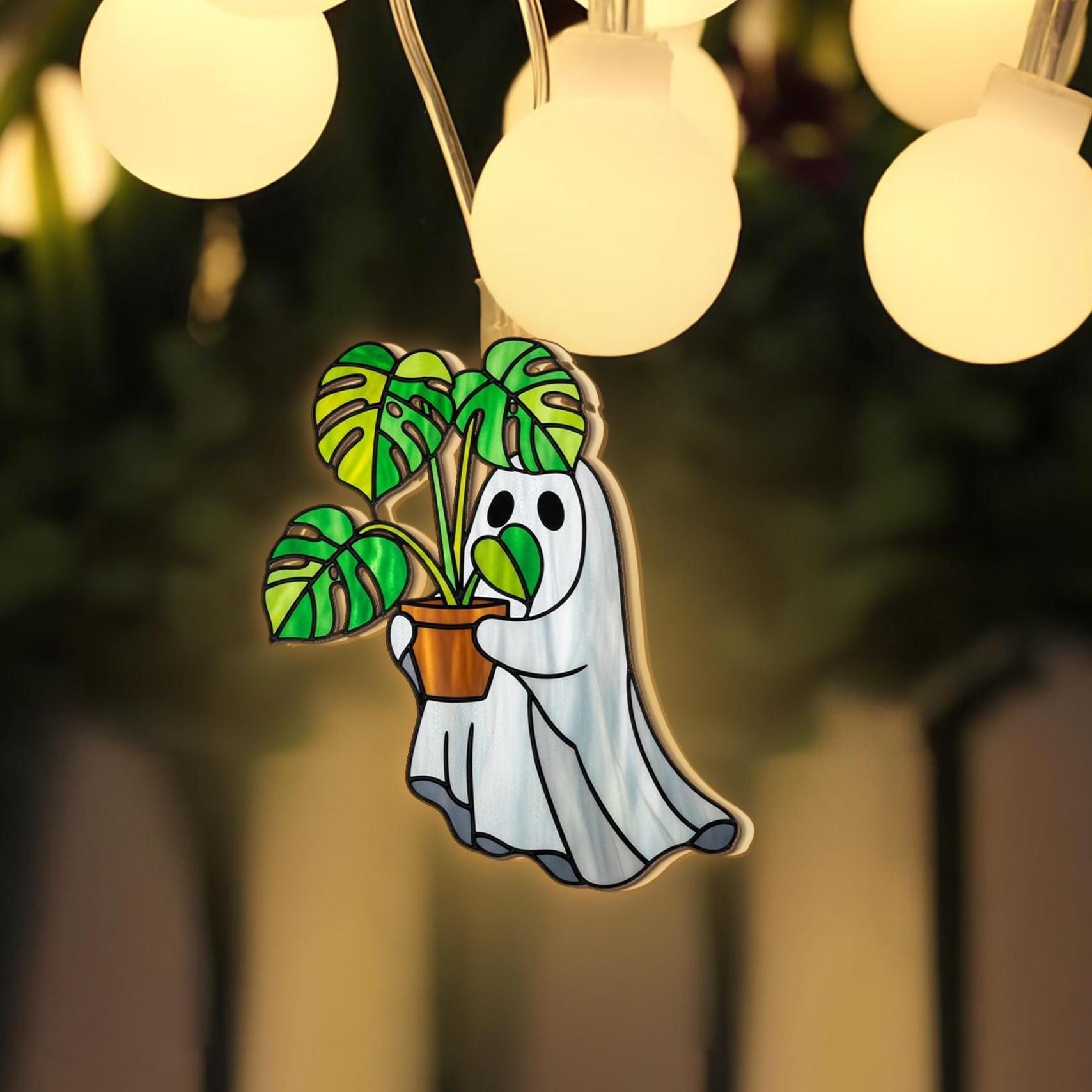 Spooky Ghost Plant Light – Halloween Ghost String Lights with Monstera, Cute Boho Plant Lover Decor, Ghost Pot Ornament, Halloween Lighting