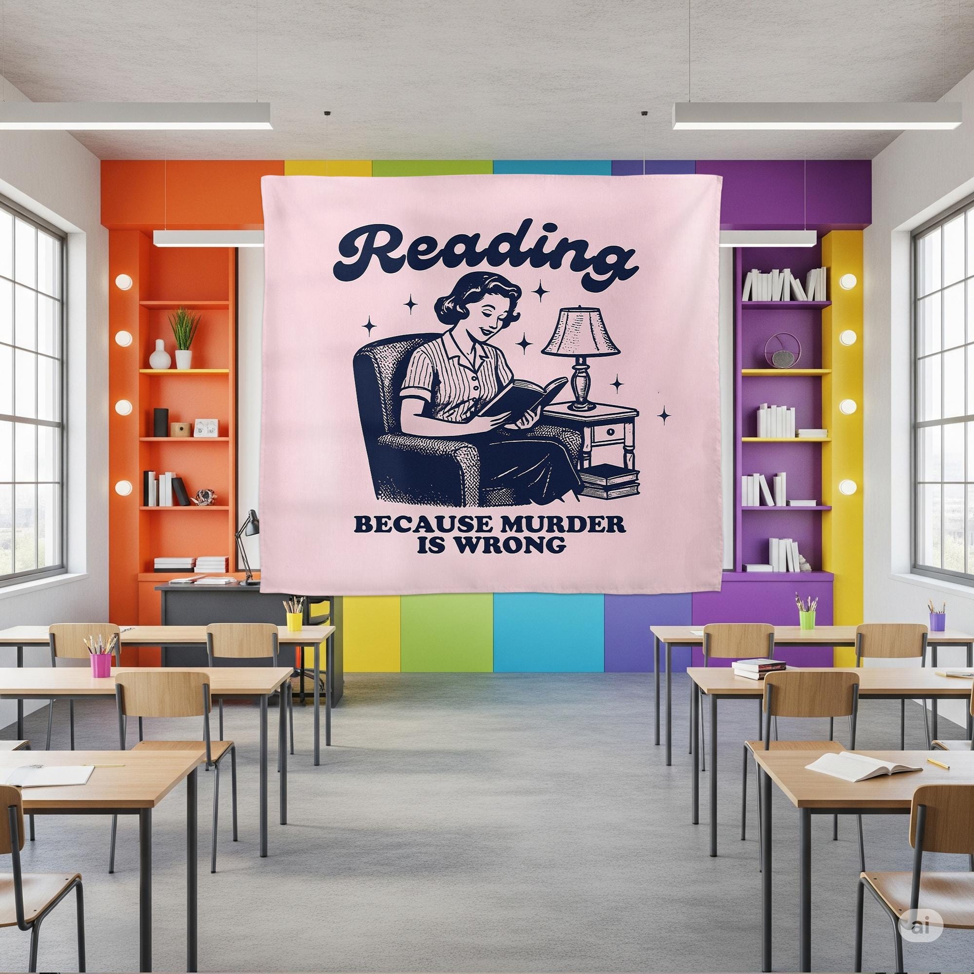 Reading Because Murder Is Wrong Tapestry, Funny Retro Wall Art, Sarcastic Book Lover Gift, Vintage Bookish Dorm & Library Wall Decor