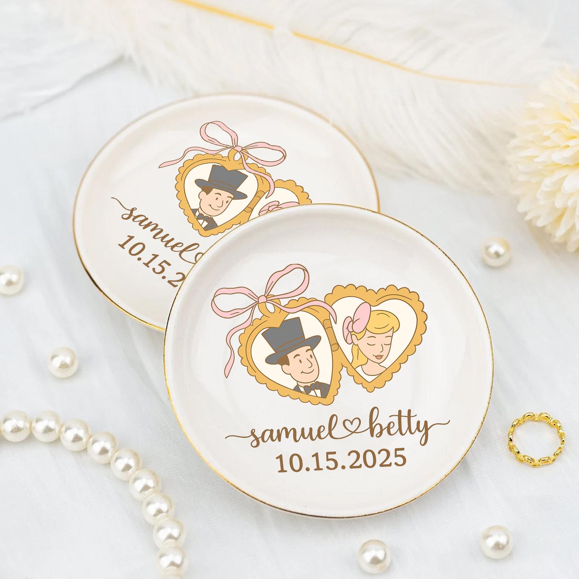 Custom Photo Ceramic Jewelry tray, Retro Bride Groom Illustration, Personalized Wedding Gift, Bridal Shower Keepsake, Vintage Engagement